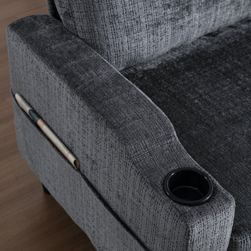 UNITED  WE WIN Sofa for three, solid wood frame, Chenille fabric, side pocket, with two cup holders, footstool with storagestorage sofa /Living room sofa cozy sectional  sofa