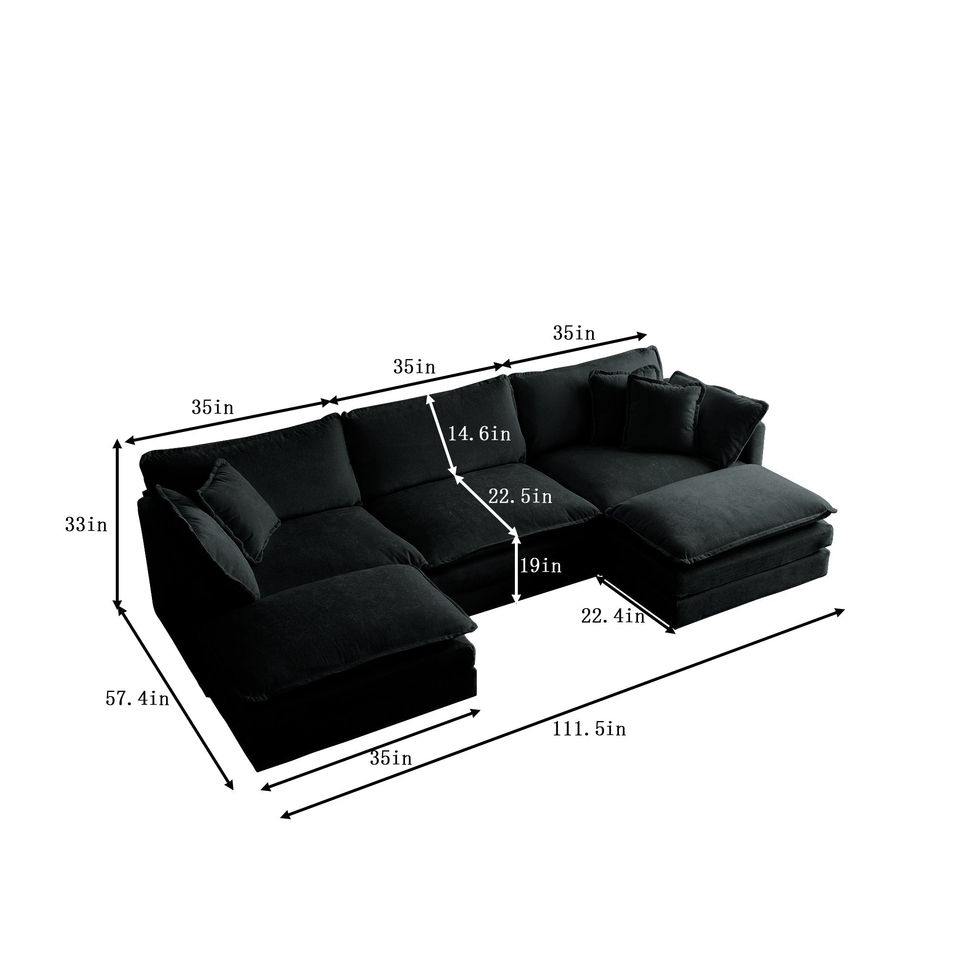 U-Shaped Sectional Sofa w/Reversible Footrest, 5-Seater Convertible Corner Couch with 2 Ottomans ,Modern Minimalist Soft Sofa & Couch for Living Room , Black Chenille