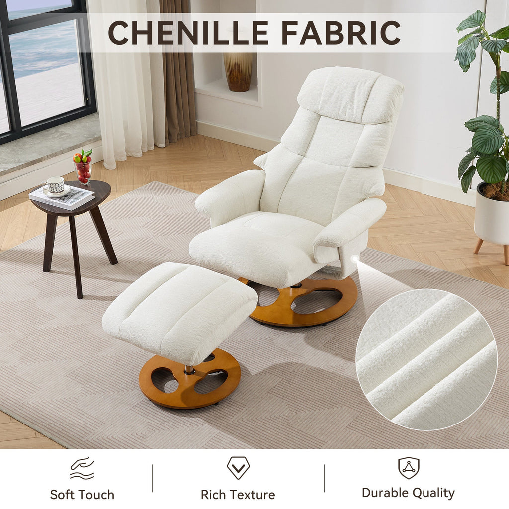 010-Ergonomic Recliner Chair with Ottoman, Modern 360° Swivel Lounge Chair with Footstool, Chenille Fabric, 5 Point Vibration Massage, Seat Heating & 140° Adjustable Backrest for Home or Office, White