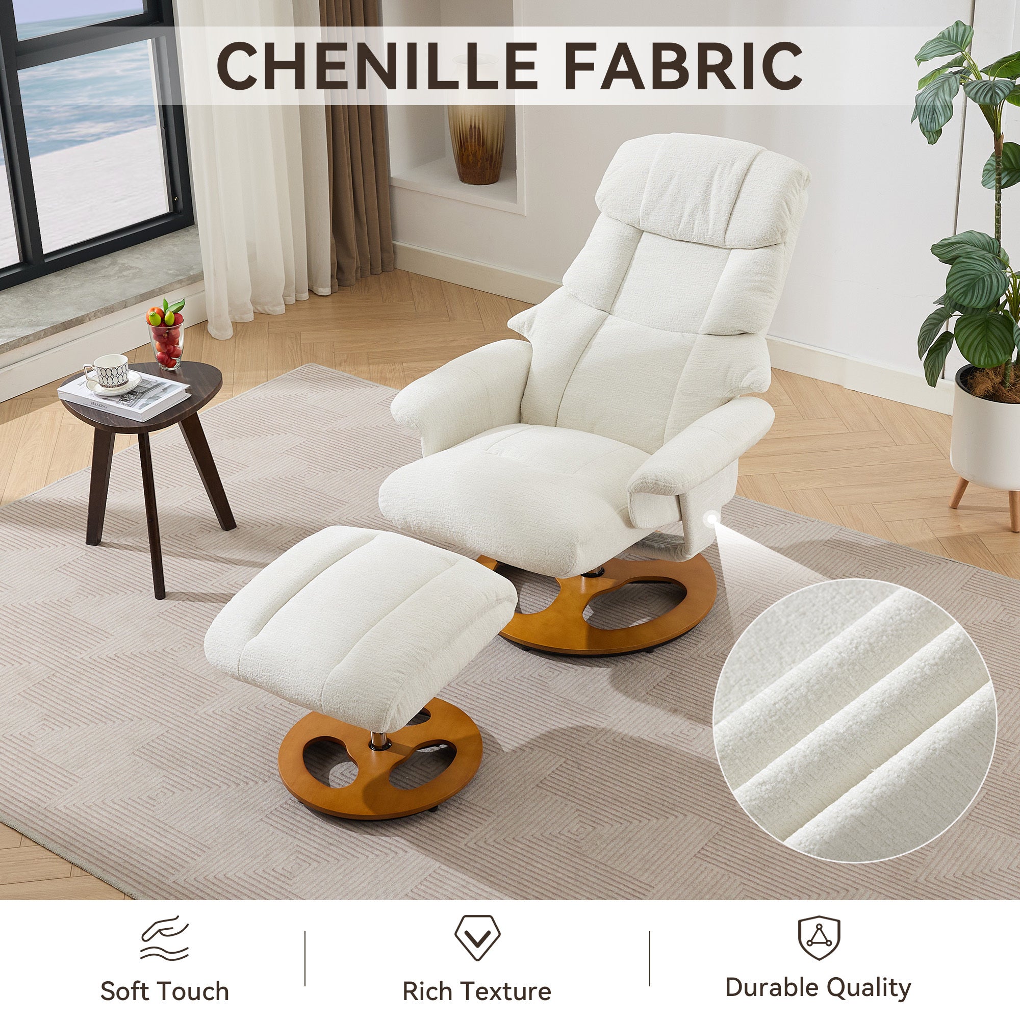 010-Ergonomic Recliner Chair with Ottoman, Modern 360° Swivel Lounge Chair with Footstool, Chenille Fabric, 5 Point Vibration Massage, Seat Heating & 140° Adjustable Backrest for Home or Office, White
