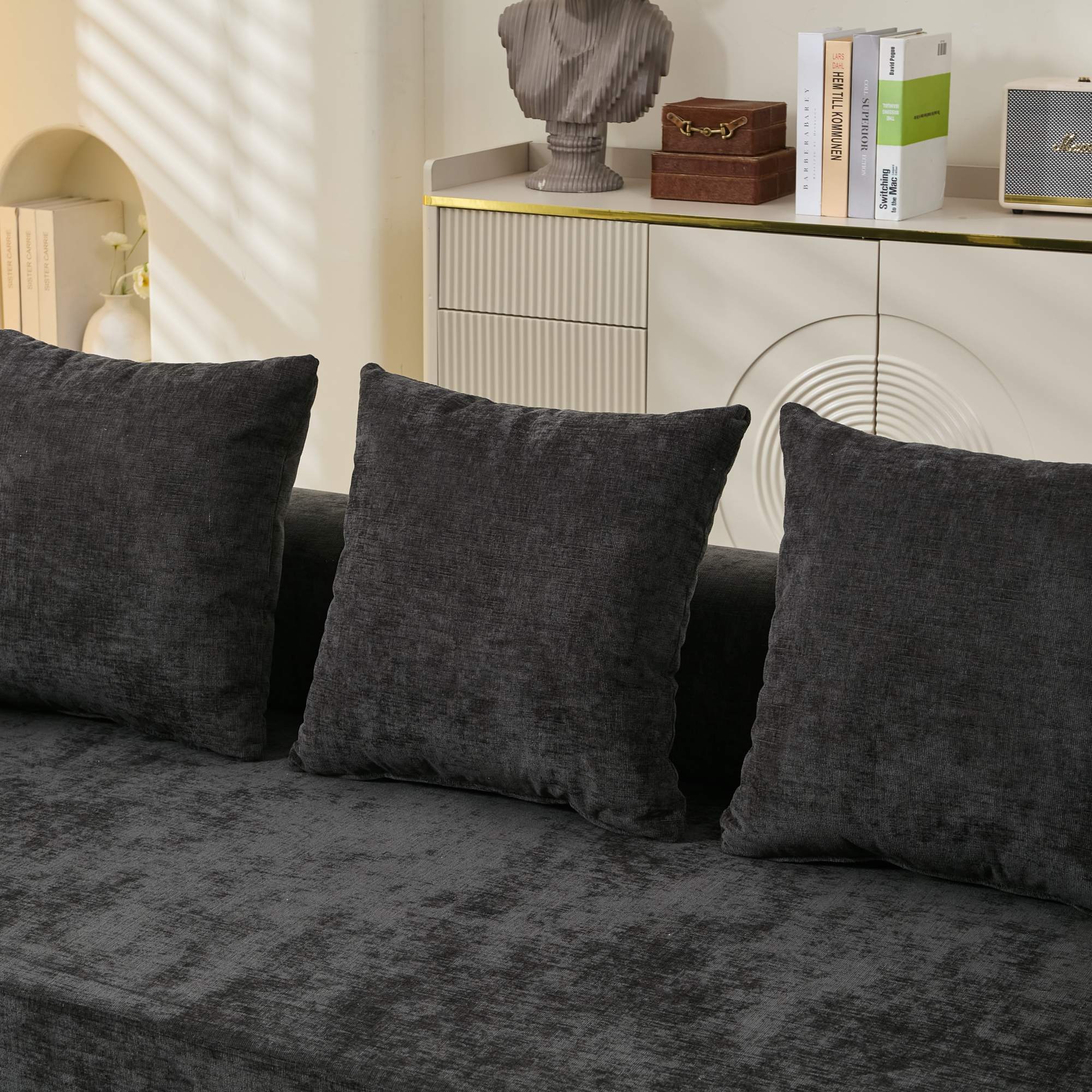 Comfy Convertible Folding Mattress Couch, Floor Sofa Bed, Chenille Floor Sofa with Armrest, Floor Sofa Lounge Couch for Living Room Bedroom Lounge Studio-Black
