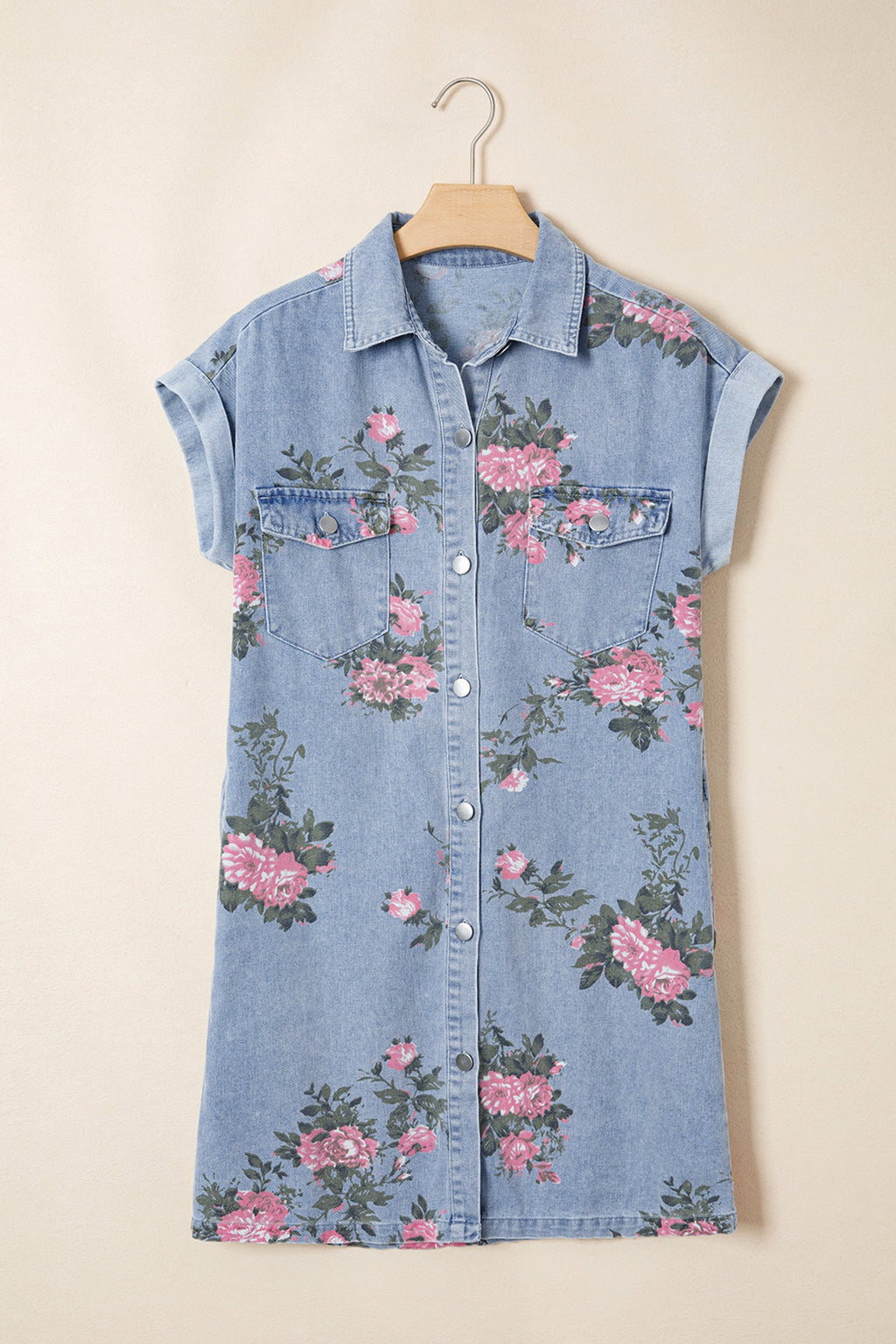 Floral Denim Cuffed Short Sleeve Buttoned Dress