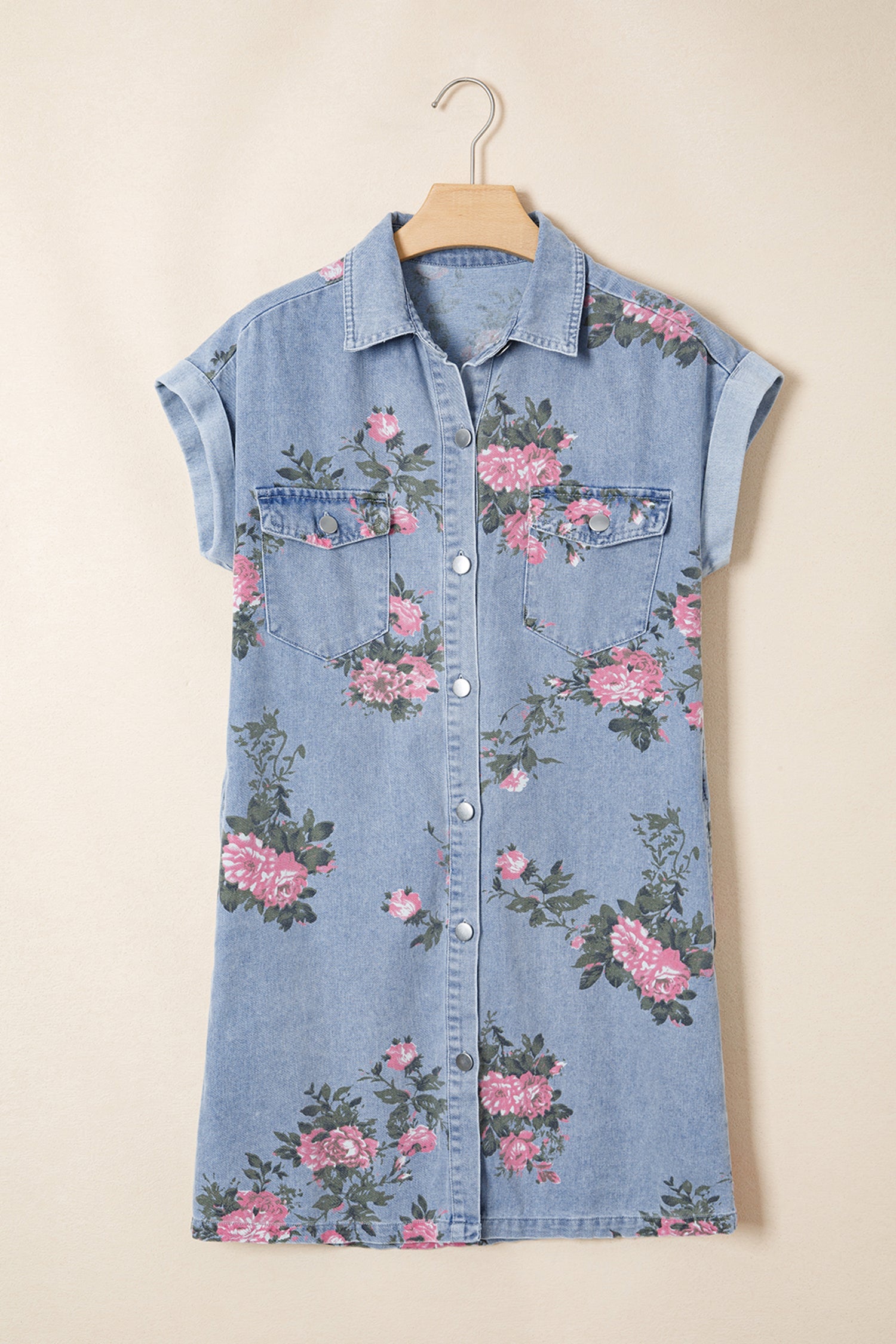 Floral Denim Cuffed Short Sleeve Buttoned Dress