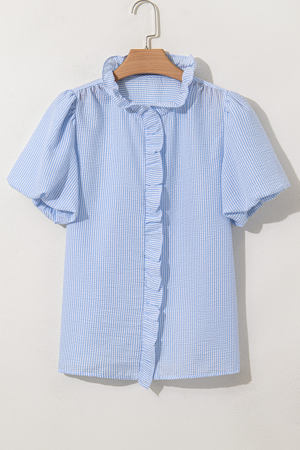 Stripe Ruffle Short Bubble Sleeve Loose Fit Shirt