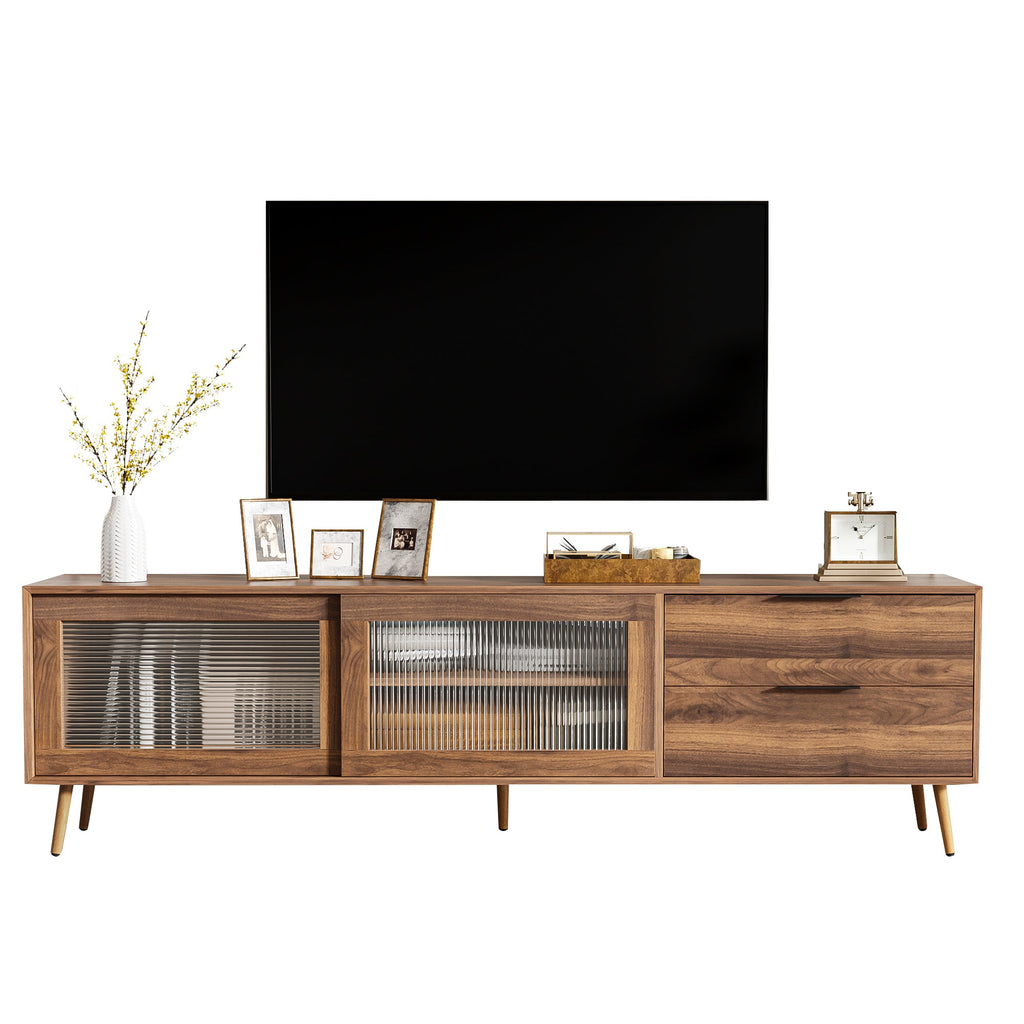 Modern TV Stand for 75'+ TV, TV Console with 2 Glass Doors, Entertainment Center with 2 Drawers & Storage Cabinet, 70' Media Console Table for Living Room, Bedroom