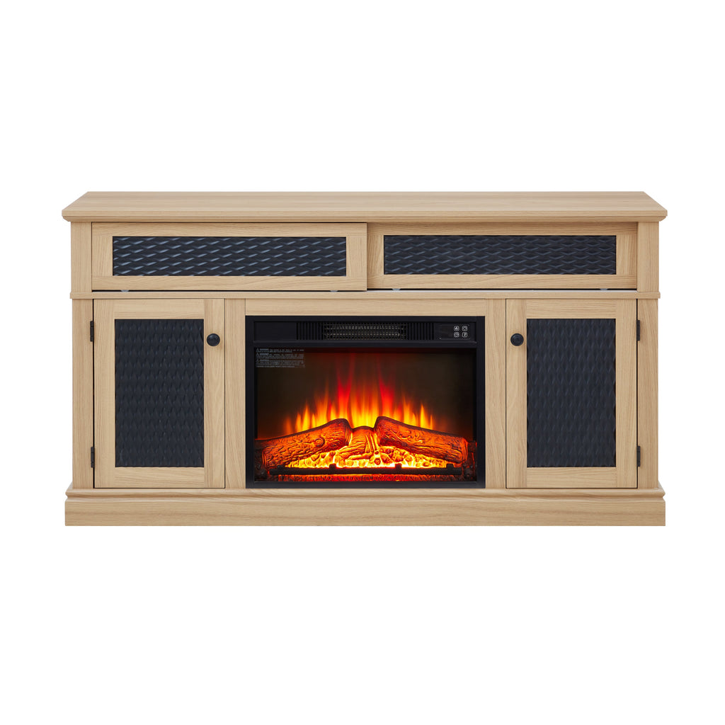 Embossed Pattern TV Stand with 23' fireplace insert,, TV and Media Console with Open and Closed Storage Space and sliding door for Living Room & Bedroom,LIGHT OAK, 58.27'W*15.35'W*31.7H