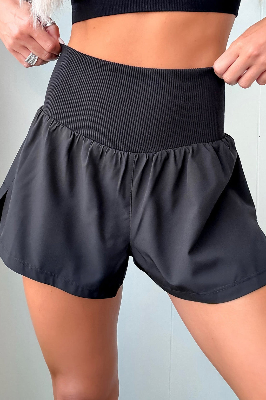 Solid Ribbed Patchwork High Waist Athletic Shorts