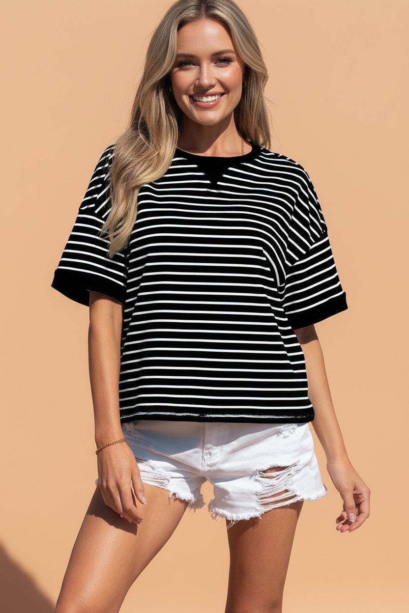 Stripe Ribbed Patchwork Short Sleeve Tee