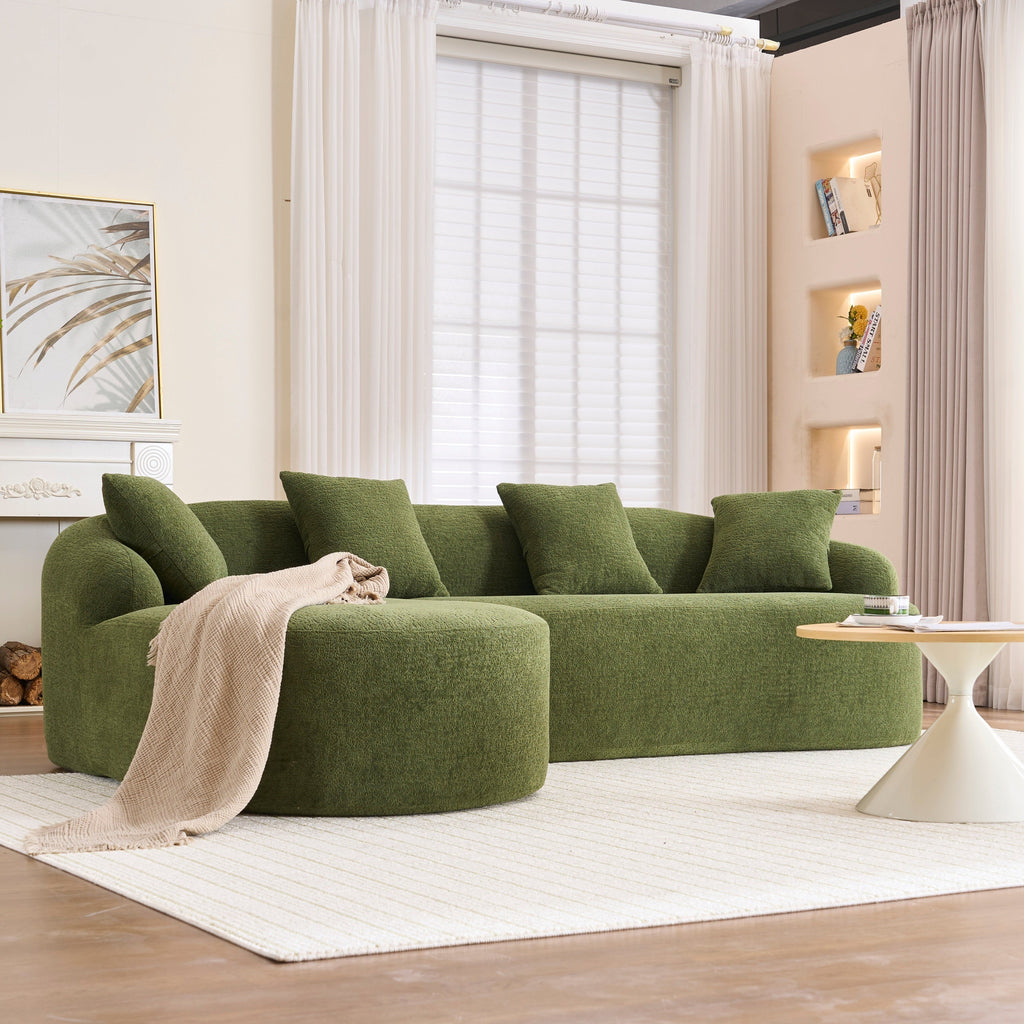 Compression Sponge L-Shape Sectional Sofa with Curved Chaise, Green Modular Chenille Couch No Assembly Required, 30D High-Density for Living Room Bedroom Apartment Lounge.