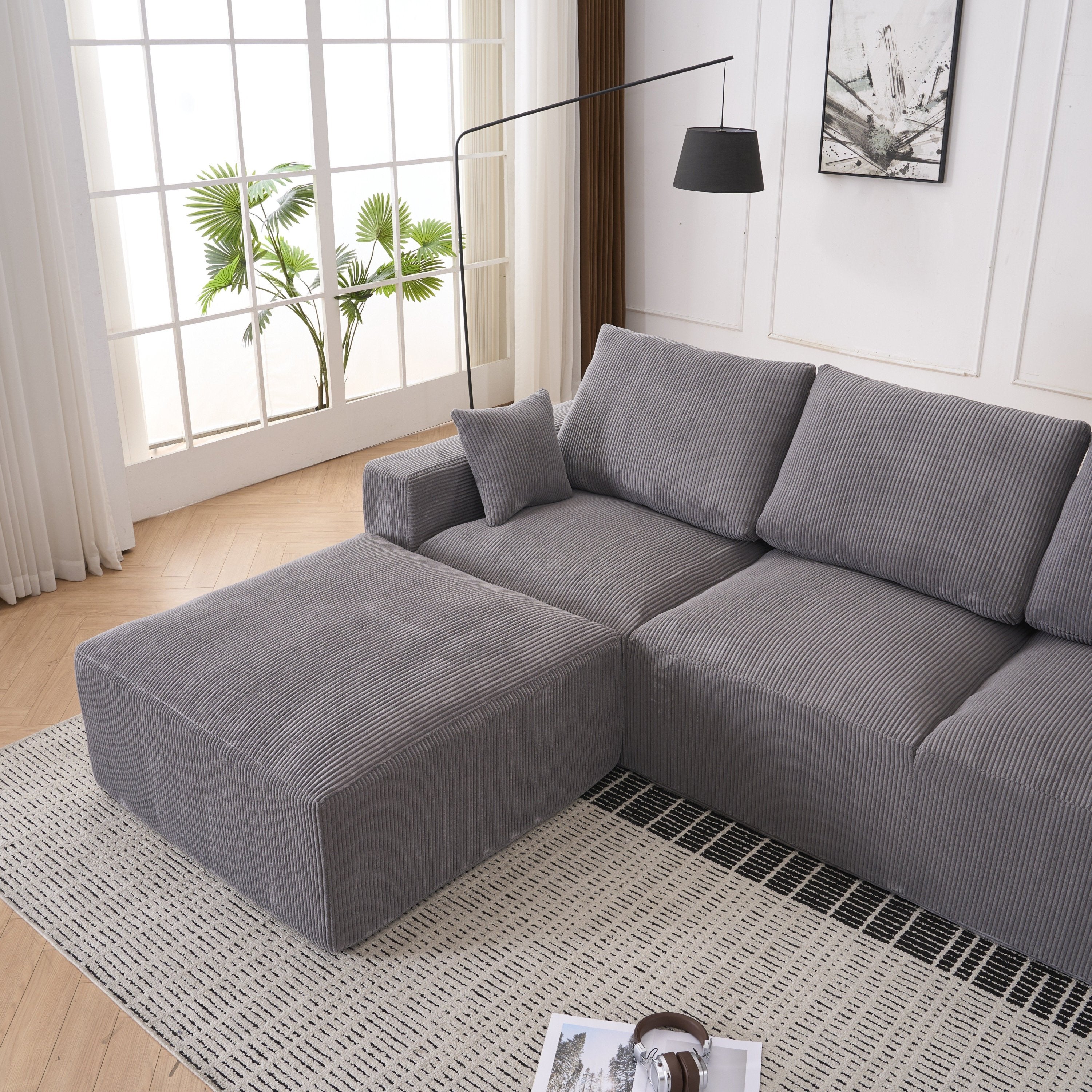 Modern U-shaped 6-seat Upholstered Sleeper Sofa with Console, Cupholders, USB Ports, Gray Corduroy