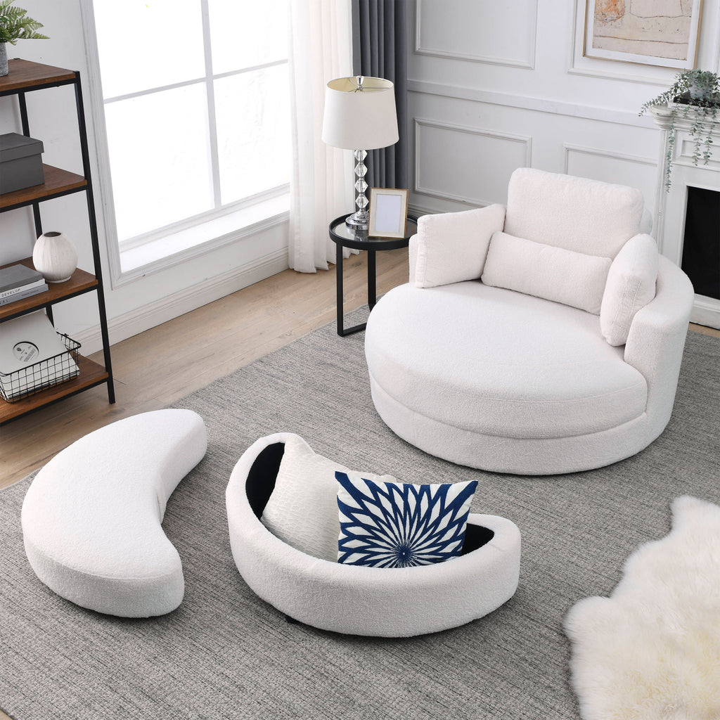 [Video] Welike Swivel Accent Barrel Modern Sofa Lounge Club Big Round Chair with Storage Ottoman TEDDY Fabric for Living Room Hotel with Pillows. *2PCS,Teddy White (Ivory)