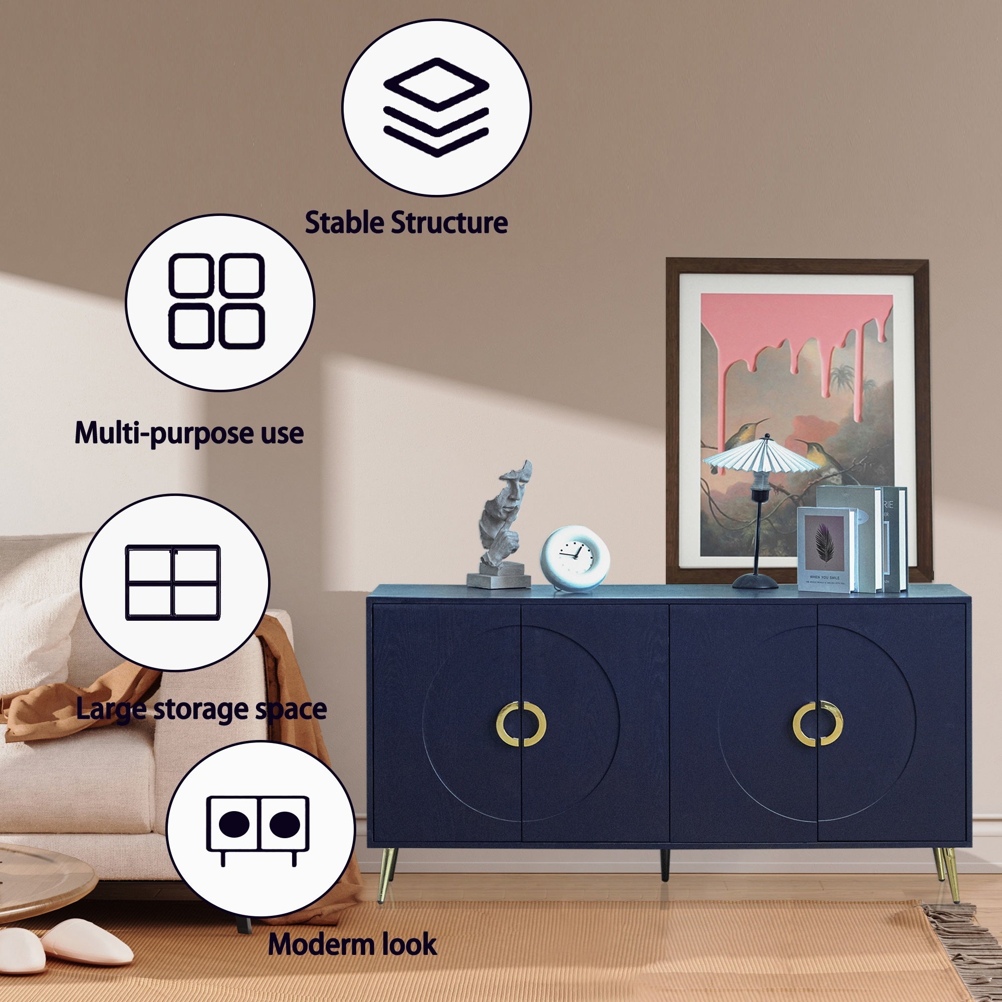 Modern Lacquered 4 Door Wooden Cabinet Sideboard Buffet Server Cabinet Storage Cabinet, for Living Room, Entryway, Hallway, Office, Kitchen and Dining Room, Navy Blue