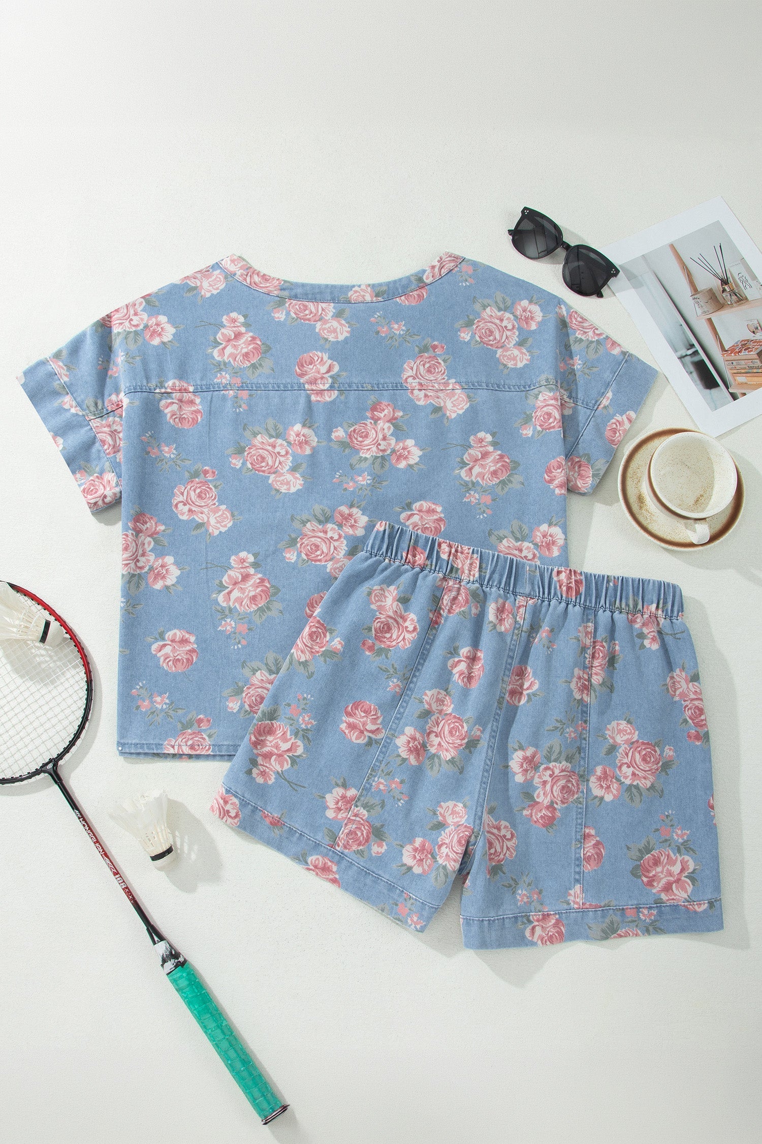 Floral Denim Short Sleeve Top & Loose Shorts Set