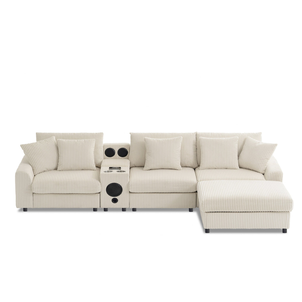 Modular Corduroy Sectional Sofa with Bluetooth Speakers, USB Charger, Cup Holders, Storage, Ottoman, 114*64'' Cream