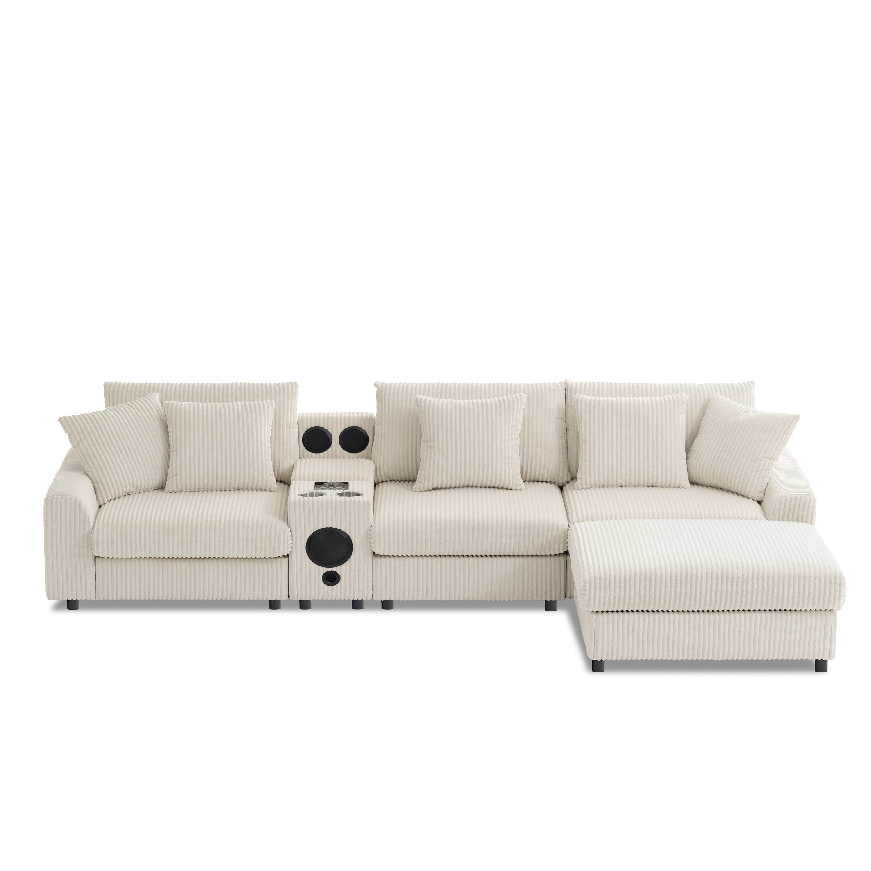 Modular Corduroy Sectional Sofa with Bluetooth Speakers, USB Charger, Cup Holders, Storage, Ottoman, 114*64'' Cream
