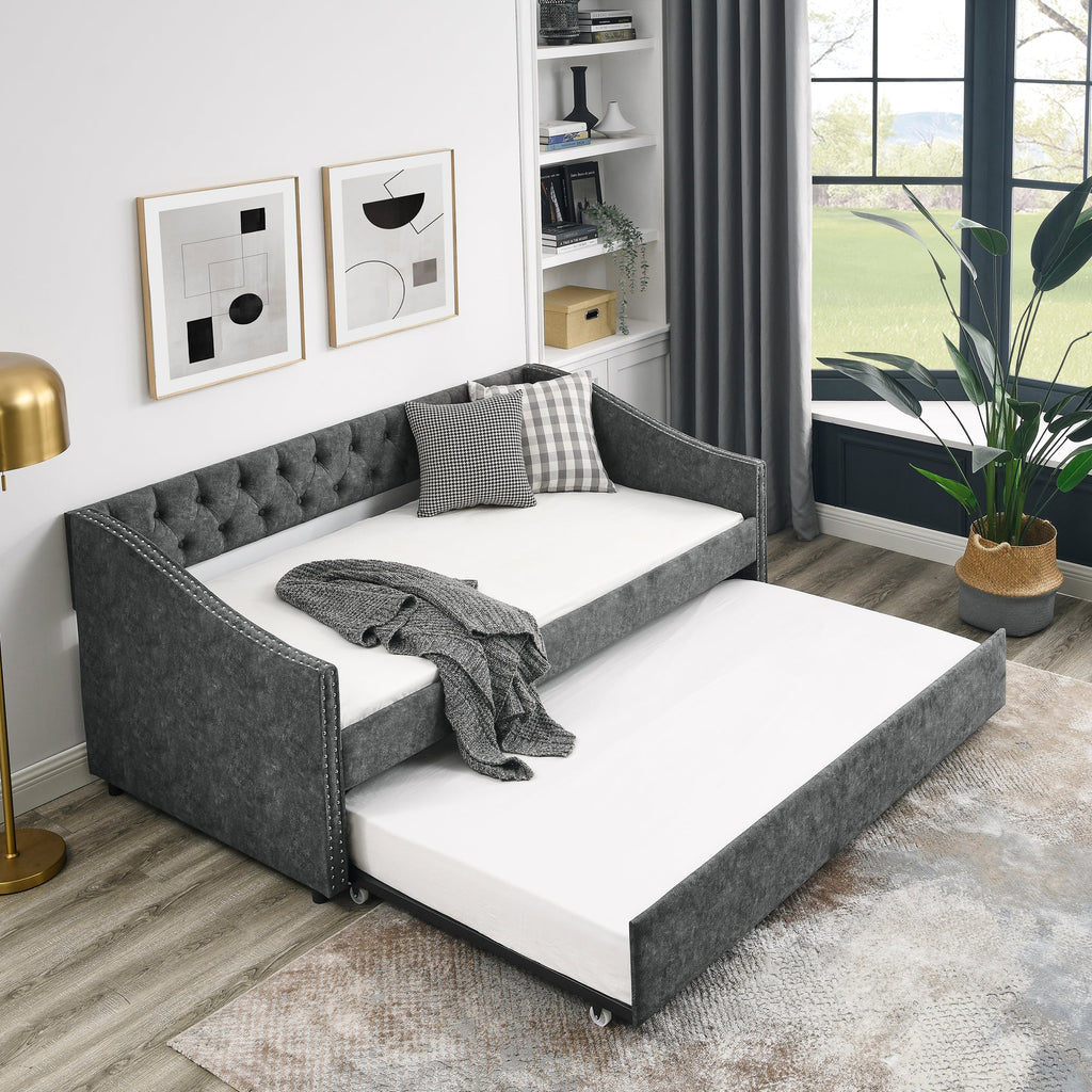 Twin Size Daybed with Twin Size Trundle Upholstered Tufted Sofa Bed, with Button on Back and Copper Nail on Waved Shape Arms, Grey (80.5'x41'x30.5')