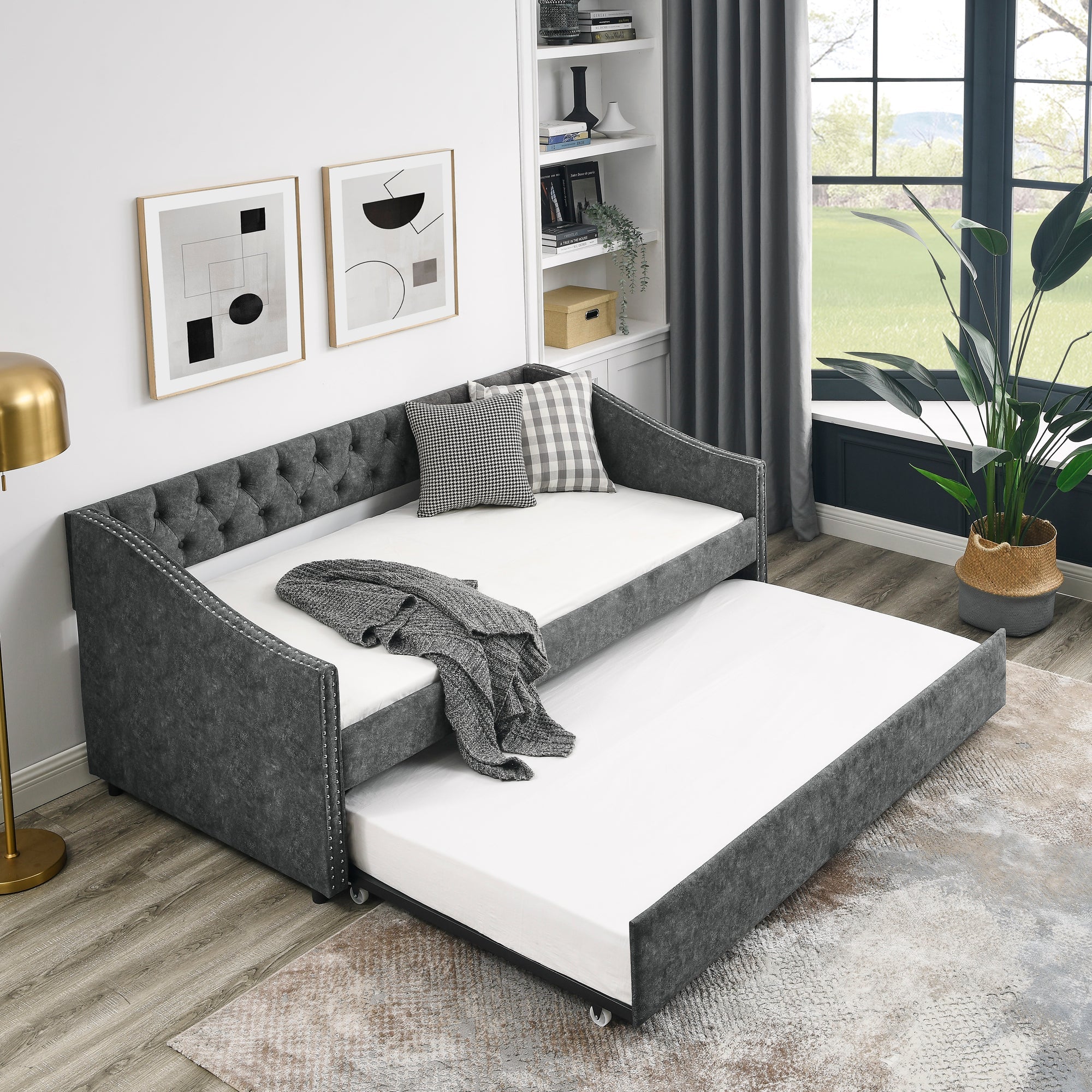 Twin Size Daybed with Twin Size Trundle Upholstered Tufted Sofa Bed, with Button on Back and Copper Nail on Waved Shape Arms, Grey (80.5'x41'x30.5')
