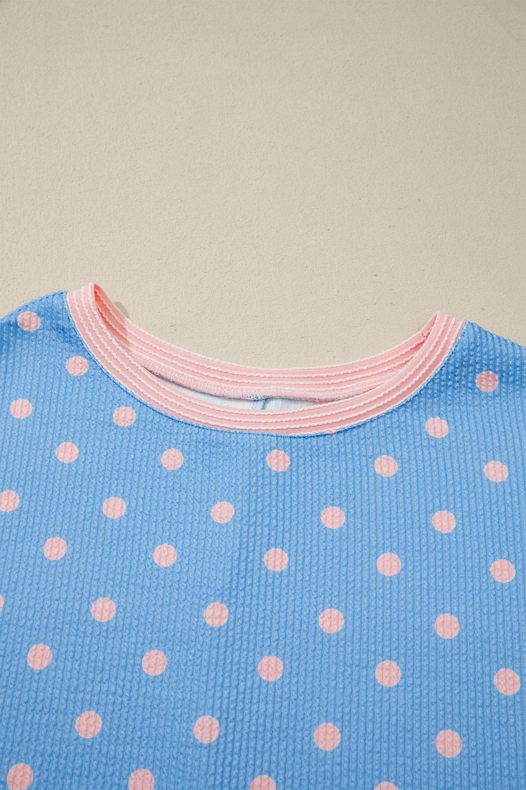 Polka Dot Raised Rib Cuffed Short Sleeve Top