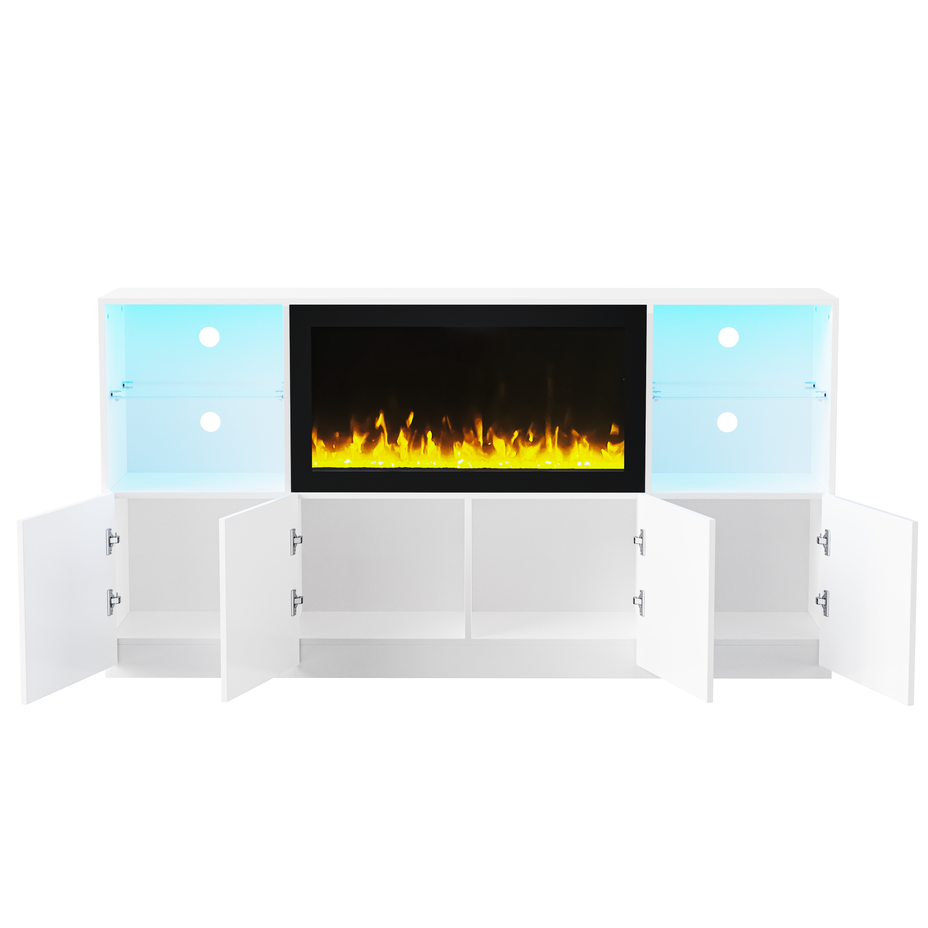 ON-TREND High Gloss TV Stand with 34.2' Non-heating Electric Fireplace, Modern Entertainment Center with LED Light, Media Console with Tempered Glass Shelves for TVs up to 75', Living Room, White