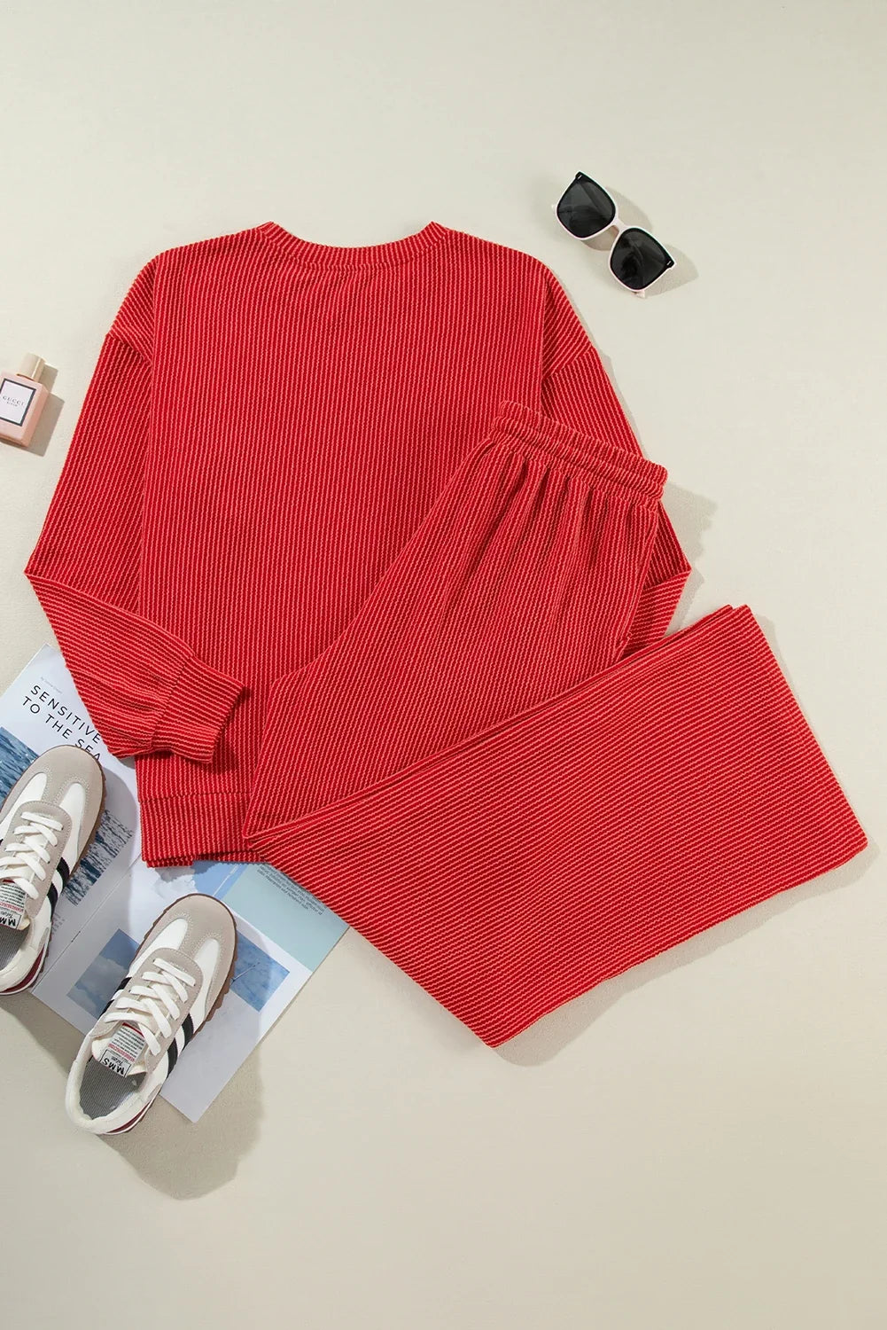 Christmas Letter Print Corded Knit Top & Pants Set