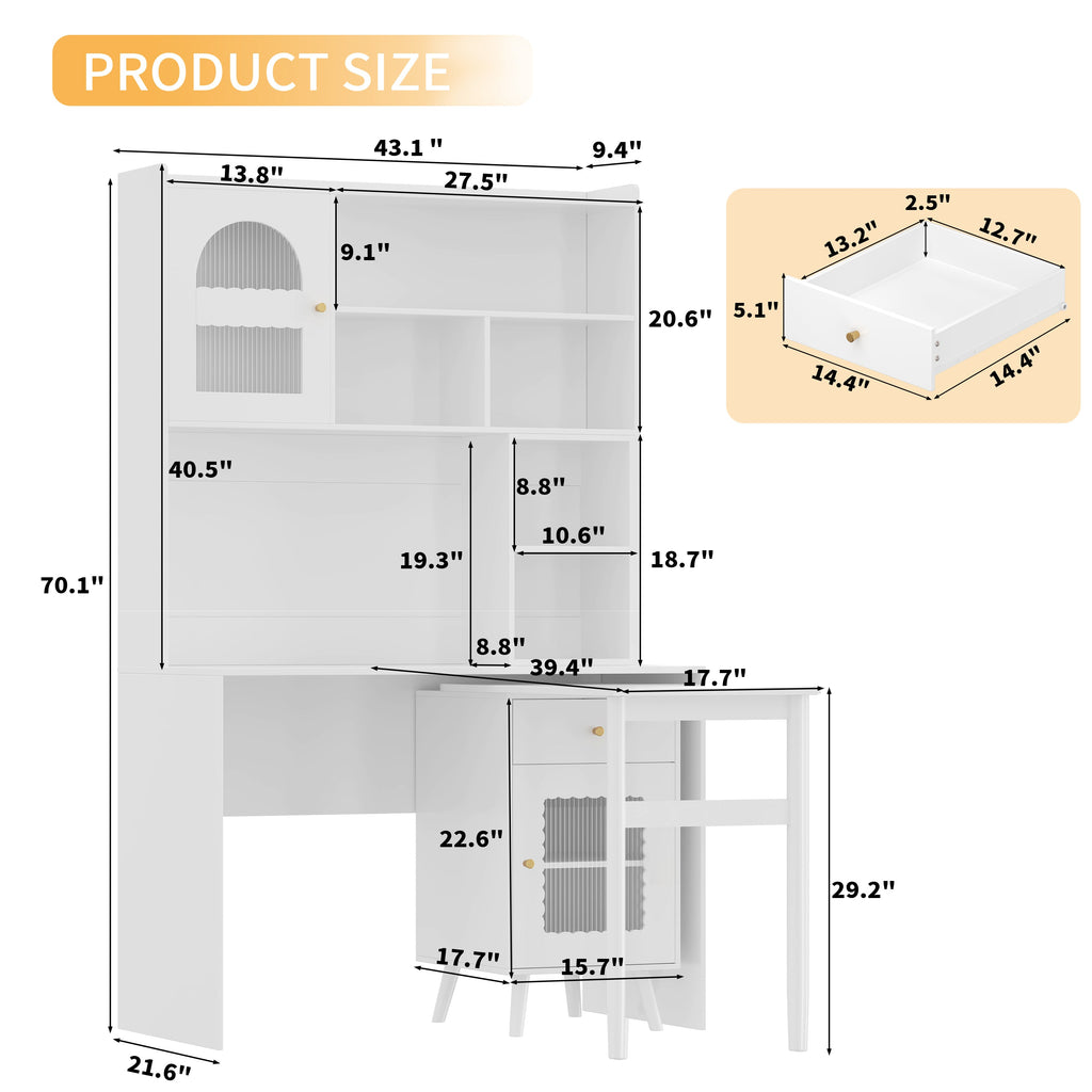 Computer Desk with 90 Degree Rotating Desktop, 43x70 Inch Office Desk with Storage Drawer and Cabinets, Gaming Desk with Shelves, Writing Desk for Study, Work Desk for Home Office Bedroom Living Room