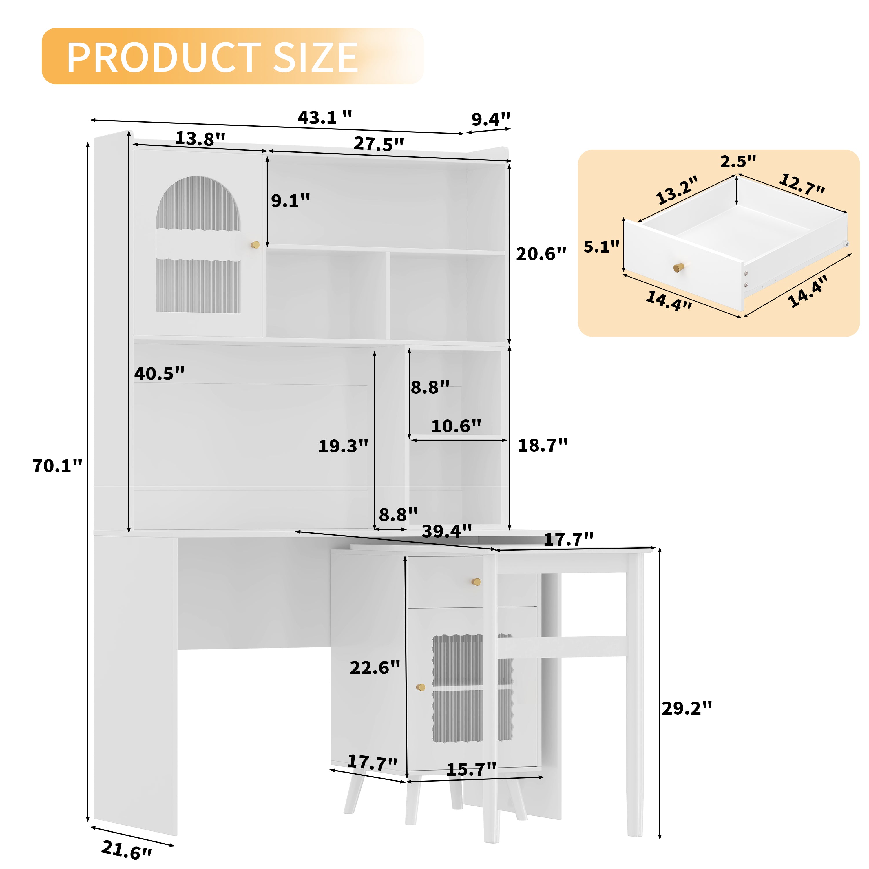 Computer Desk with 90 Degree Rotating Desktop, 43x70 Inch Office Desk with Storage Drawer and Cabinets, Gaming Desk with Shelves, Writing Desk for Study, Work Desk for Home Office Bedroom Living Room