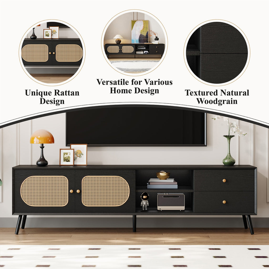 70' TV Stand for TVs up to 80 Inches, Mid Century Modern Entertainment Center with Rattan Doors, 2 Drawers, and Open Shelf, Television Stand for Living Room
