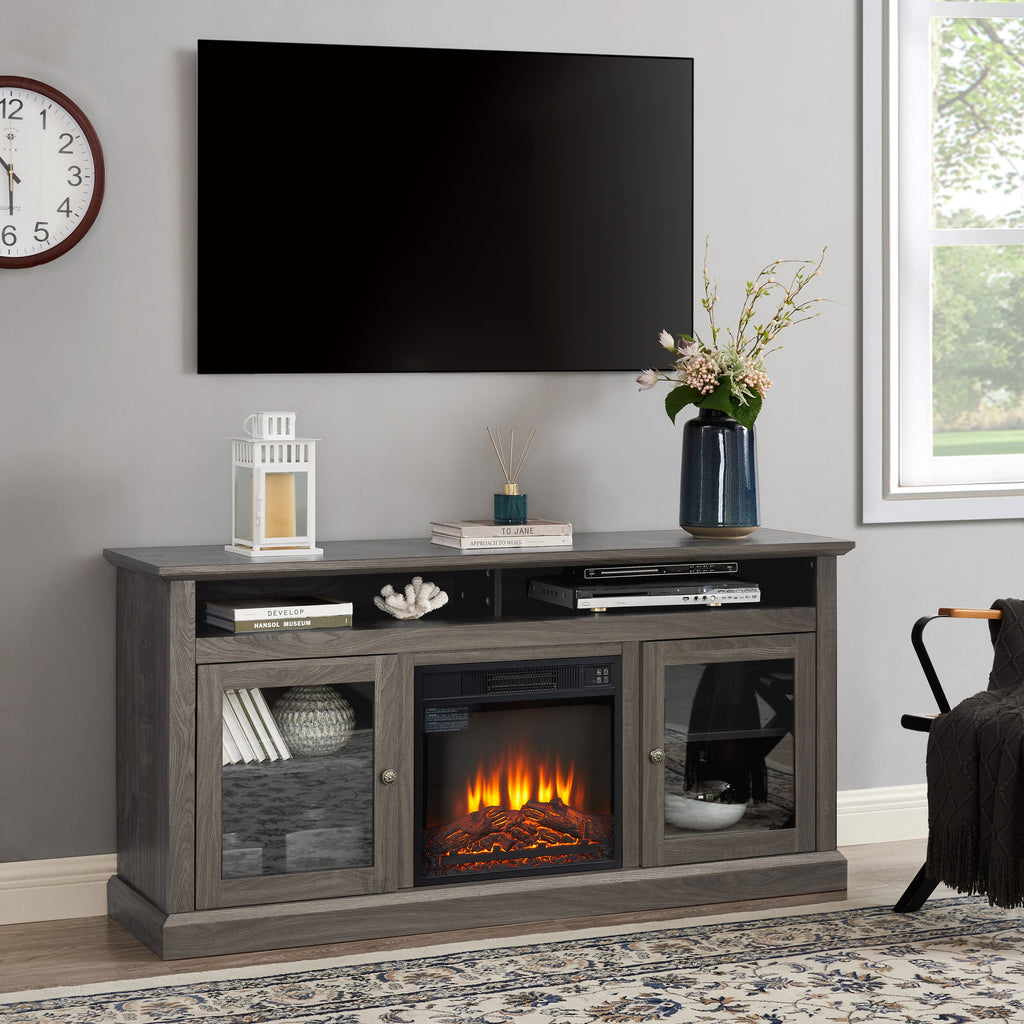 Retro TV Stand for 65'' TV, TV Console Cabinet with Storage, Open Shelves Entertainment Center with 18' Fireplace Insert  for Living Room Dark Walnut 60'W*15.75'D*29'H