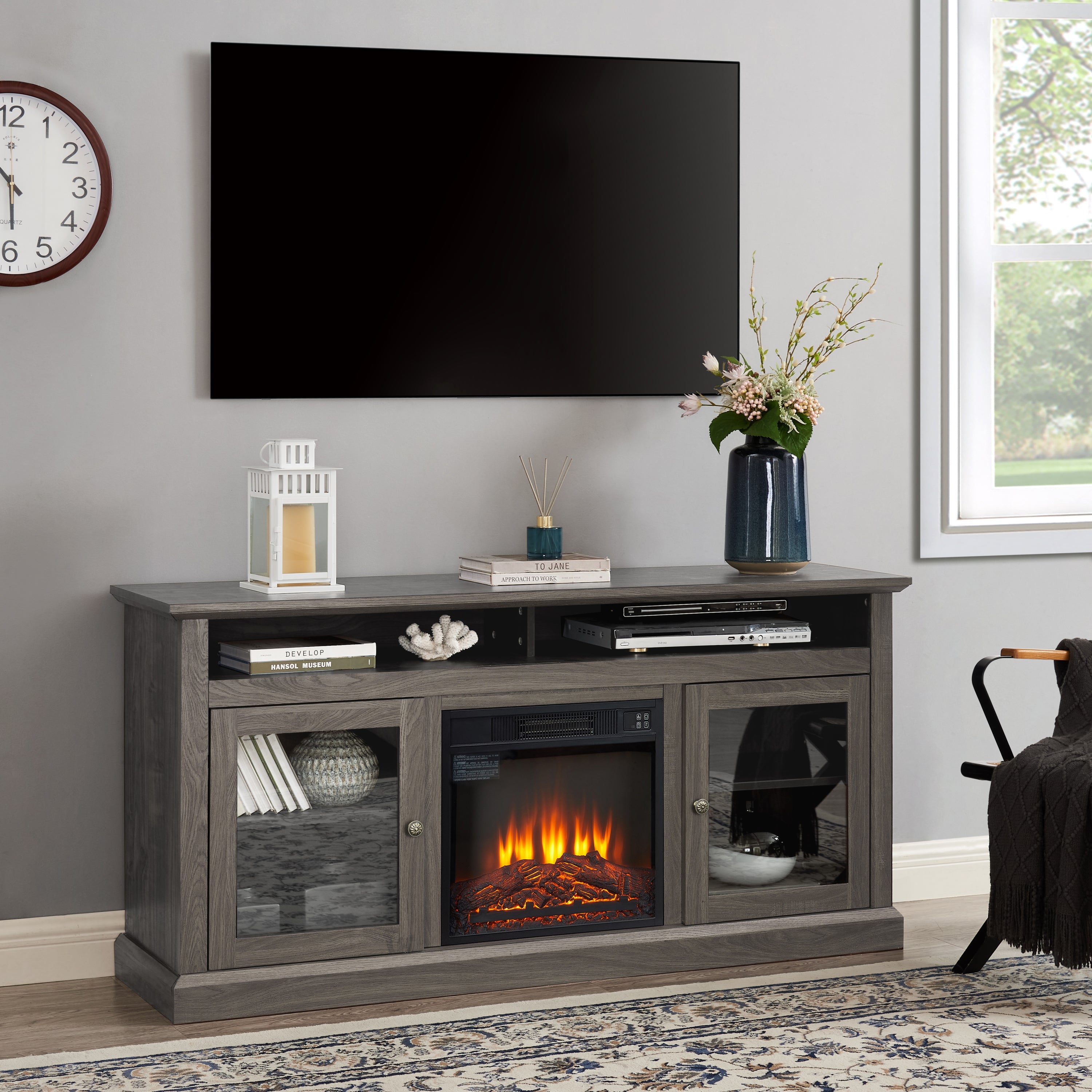Retro TV Stand for 65'' TV, TV Console Cabinet with Storage, Open Shelves Entertainment Center with 18' Fireplace Insert  for Living Room Dark Walnut 60'W*15.75'D*29'H