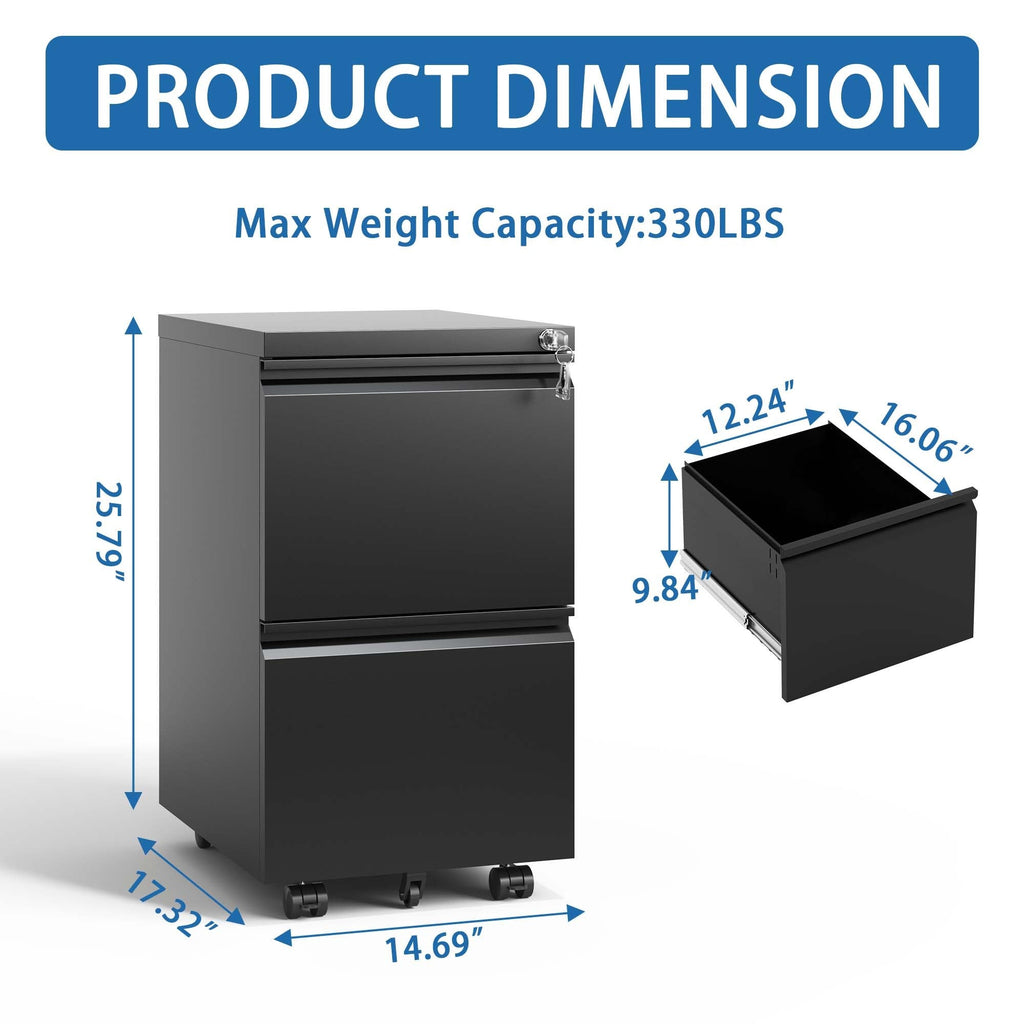 Sleek Modern 2 Drawer Metal Mobile File Cabinet with Lock, Black, Compact Size