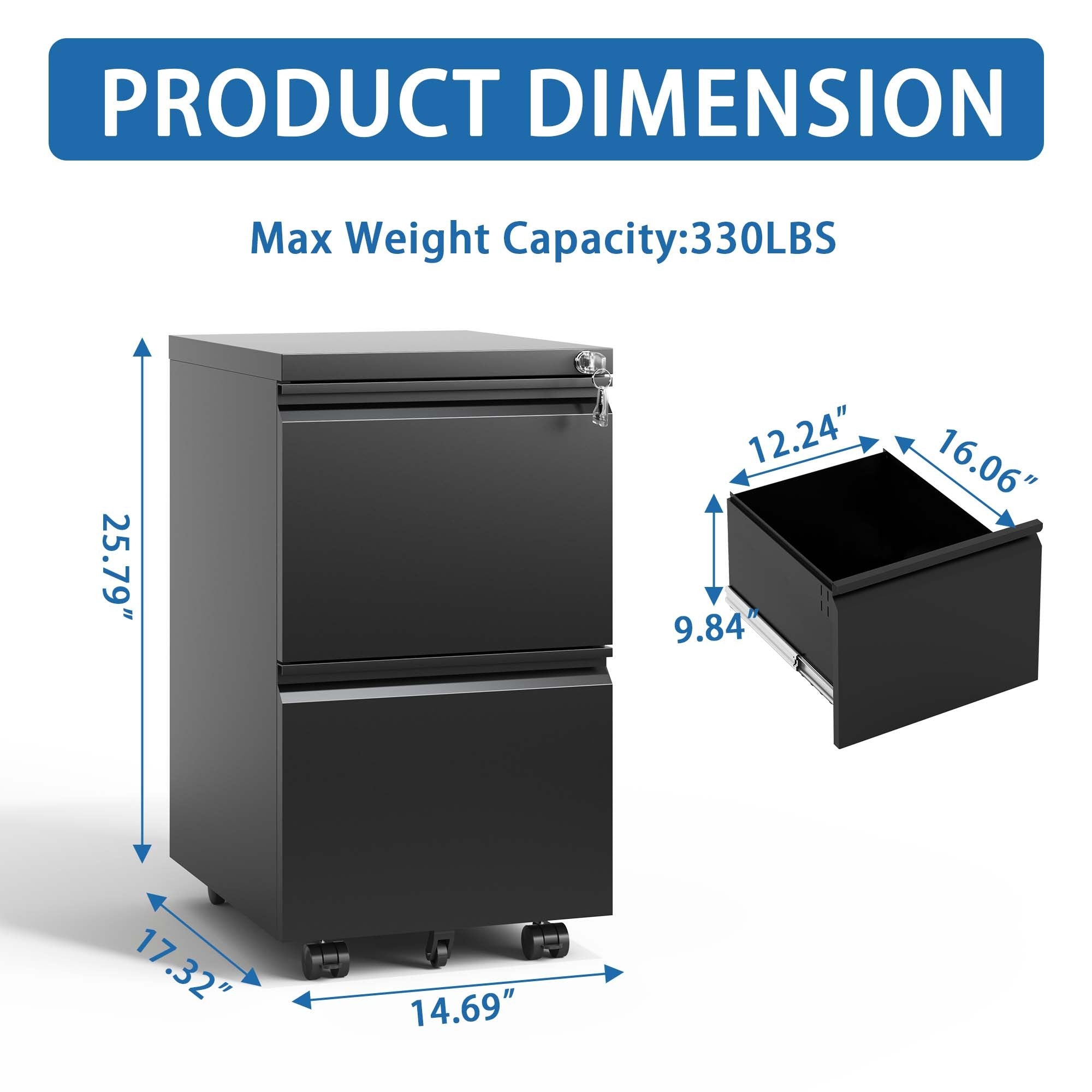 Sleek Modern 2 Drawer Metal Mobile File Cabinet with Lock, Black, Compact Size