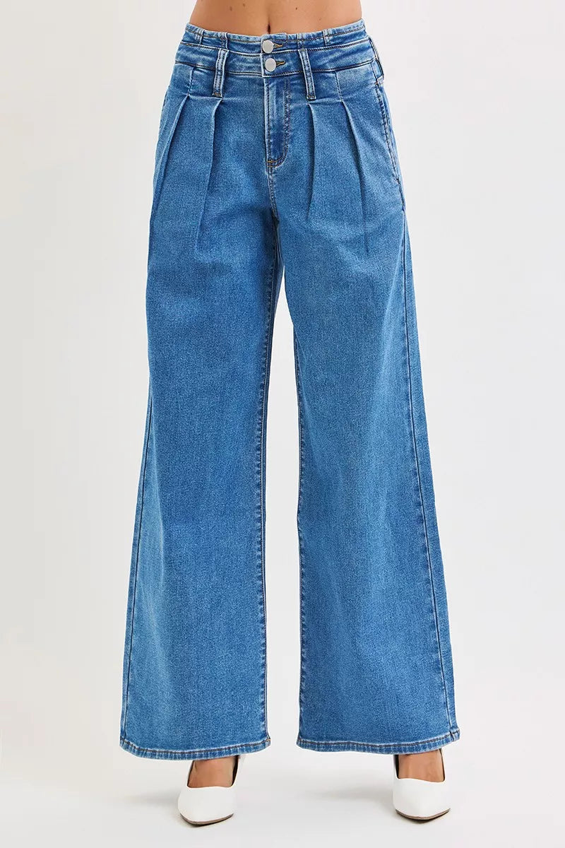 RISEN Plus Size Mid Rise Wide Leg Jeans With Pleated Detail For Flattering All Day Comfort Full Size