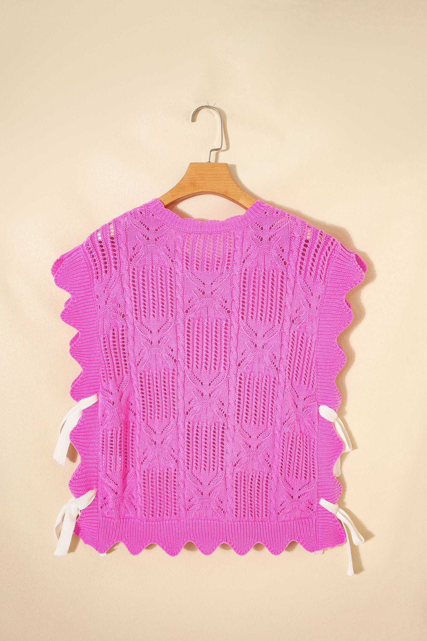 Pointelle Knit Scallop Trim Short Sleeve Sweater