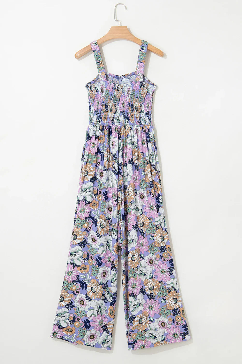 Floral Smocked High Waist Square Neck Jumpsuit