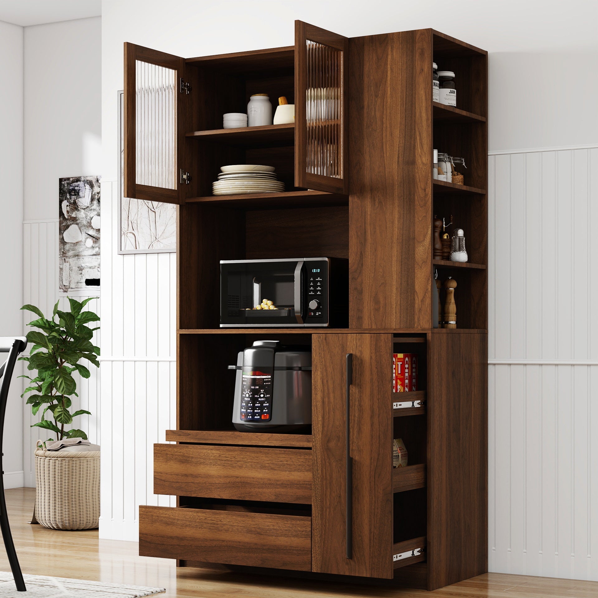 70.87' Tall Kitchen Pantry Cabinet with multi-functional pull-out multi-tier storage shelf,  4-Tier side Shelf, 2 Drawers,with Glass Door,Freestanding Food Hutch with Microwave Stand for Dining Room