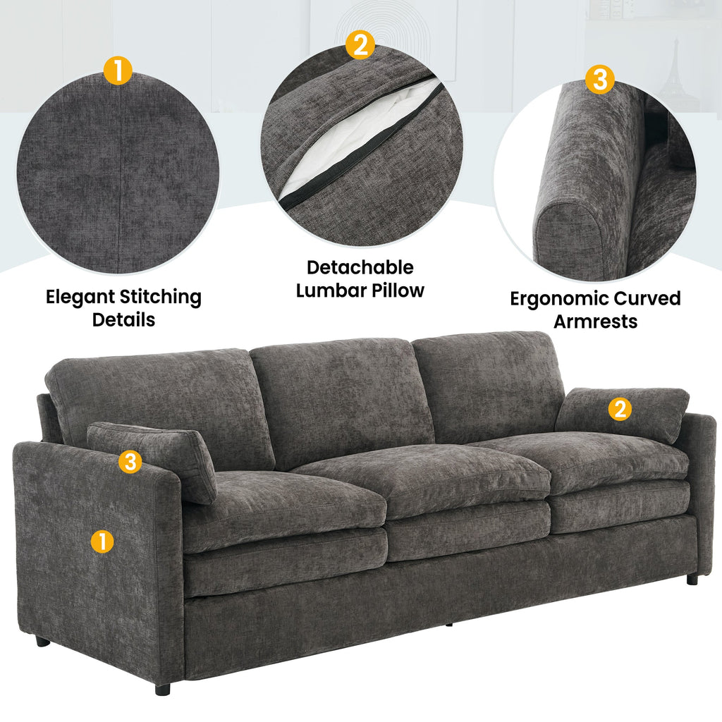 Cozy Upholstered Oversized 3-Seater Cloud Sofa with Double Cushion in Grey Chenille