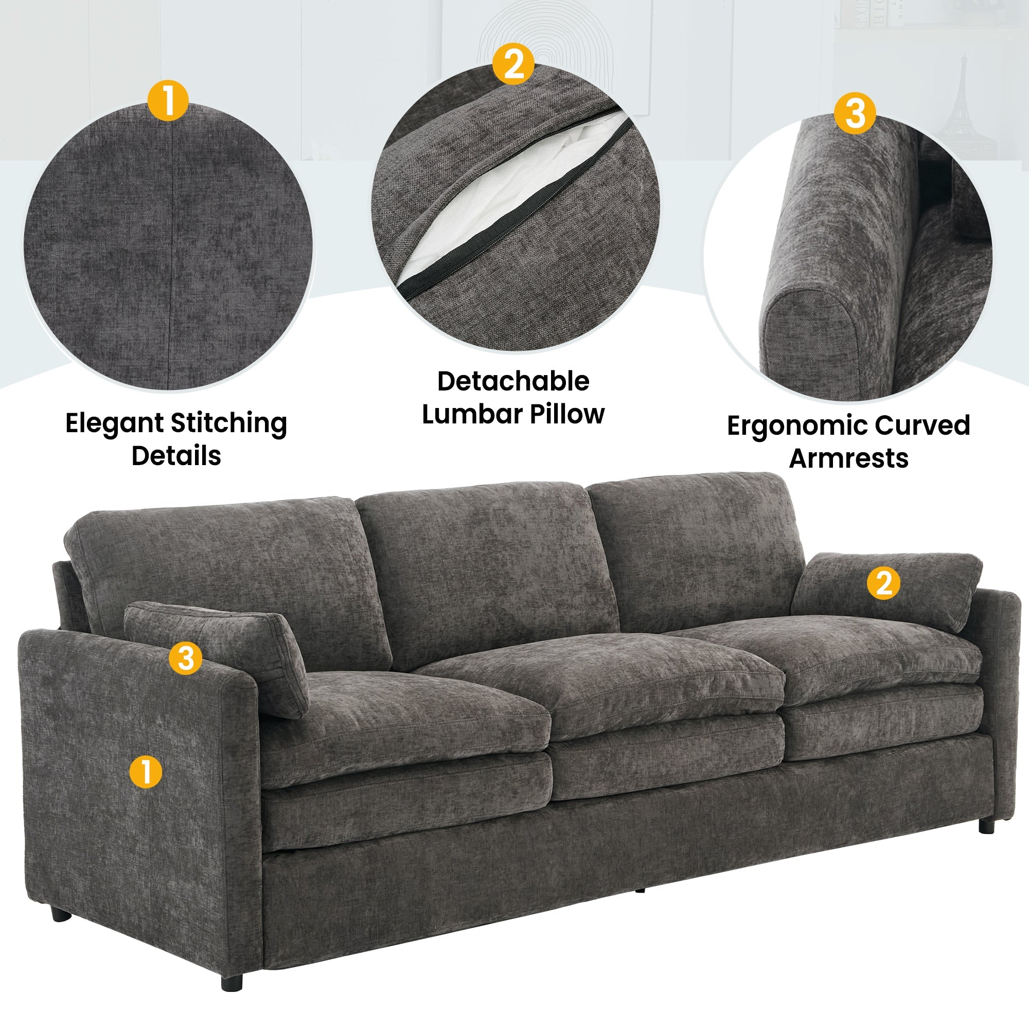 Cozy Upholstered Oversized 3-Seater Cloud Sofa with Double Cushion in Grey Chenille