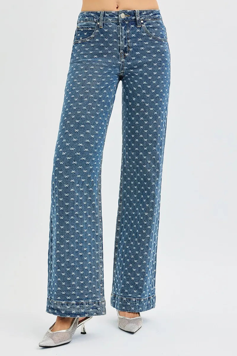 Risen High Rise Wide Leg Bow Embroidered Jeans For Women