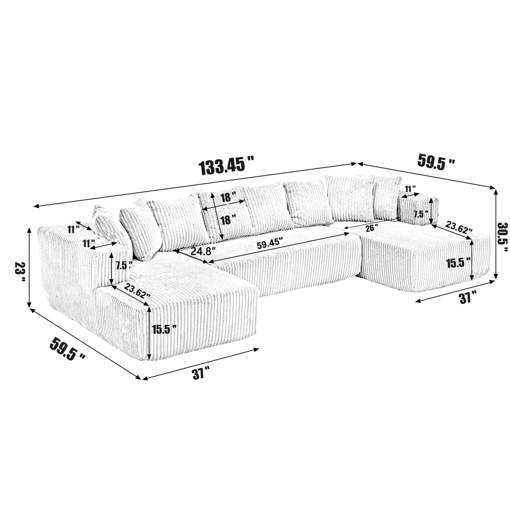 [NEW ARRIVED] [VIDEO PROVIDED]133.45'' Modular Sectional Couch, U-shaped sofa , Chaise Lounge, Striped fabric,Upholstered 4 Seater Couch for Living Room, Free Combination Sofa (Corduroy), Gray