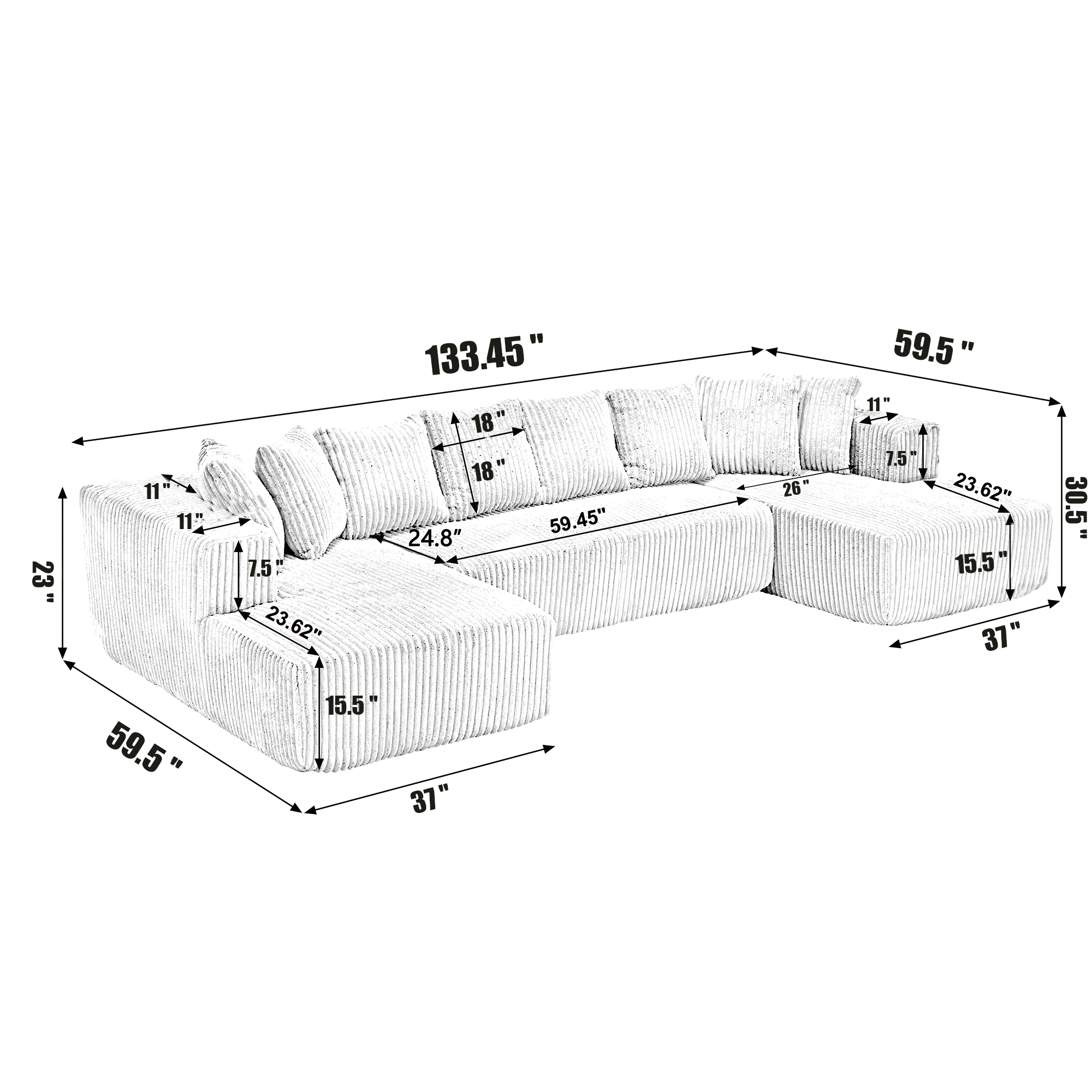 [NEW ARRIVED] [VIDEO PROVIDED]133.45'' Modular Sectional Couch, U-shaped sofa , Chaise Lounge, Striped fabric,Upholstered 4 Seater Couch for Living Room, Free Combination Sofa (Corduroy), Gray