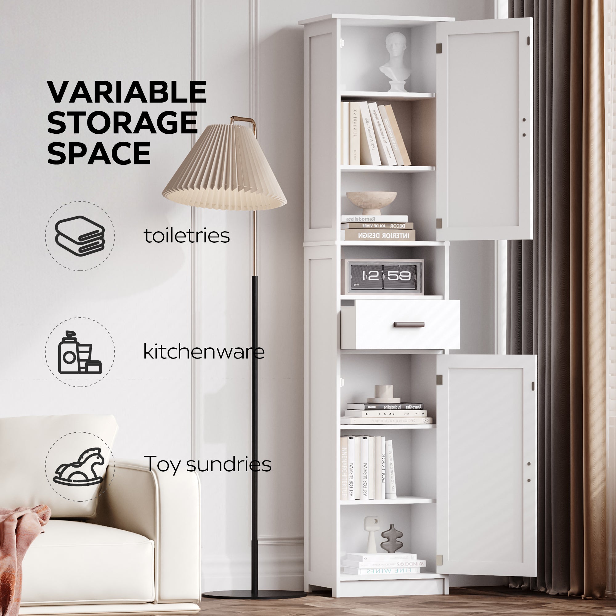 69' H Tall Bathroom Storage Cabinet with 2 Barn Doors and 1 Drawer, Narrow Storage Unit, Adjustable Shelves,Floor Cabinet for Bathroom, Living Room, Entryway,Kitchen,(White)