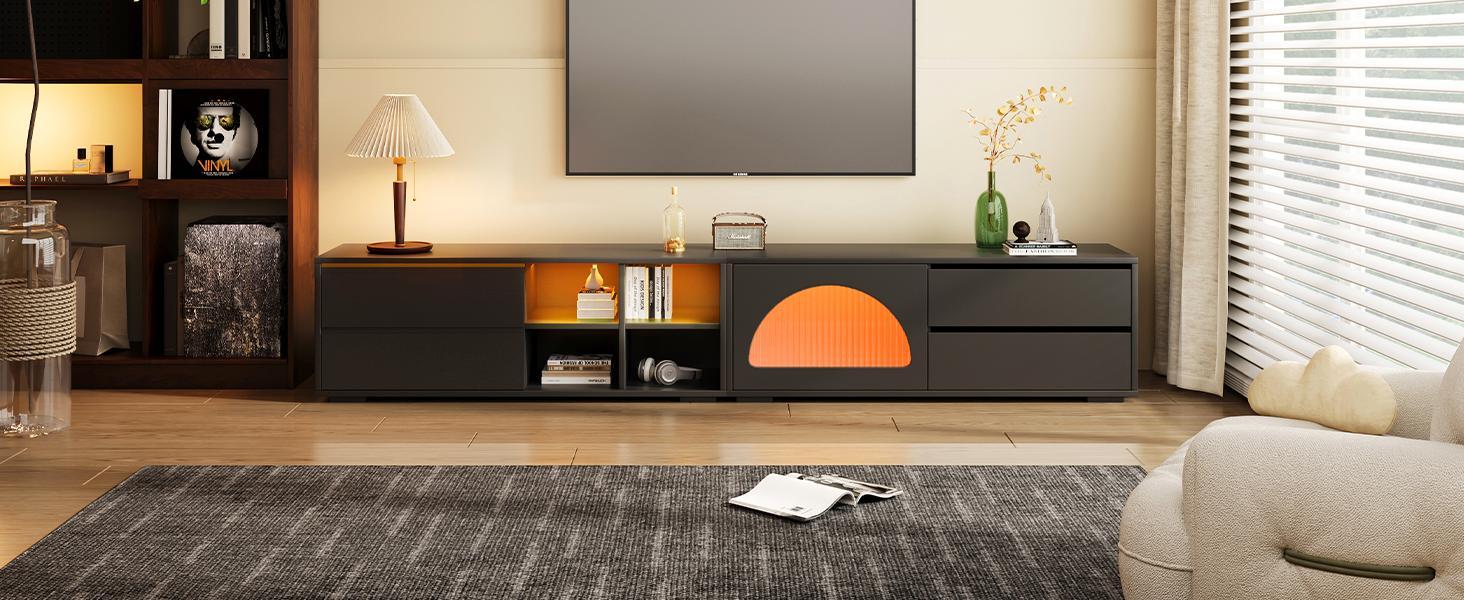 ON-TREND Modern TV Stand with Fluted Glass Door for TVs Up to 100', Media Console with Sliding Door & 2 Drawers, Free-Combination Entertainment Center with LED Light for Living Room, Bedroom, Black