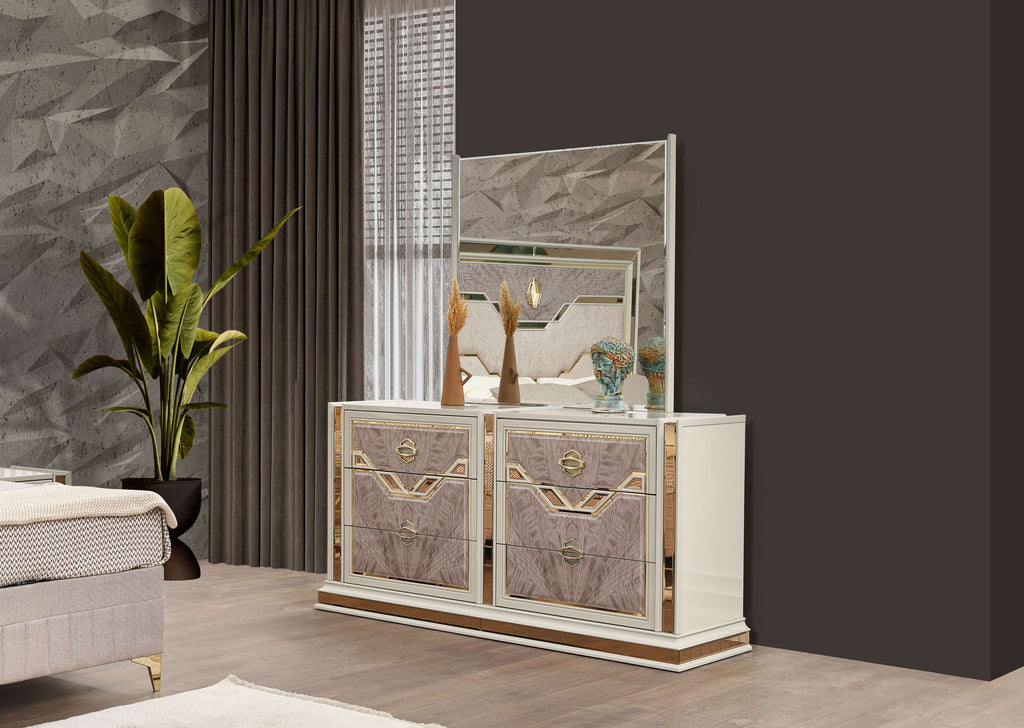 Omari Modern Style 5 Pc King Upholstered Bedroom Set Made with Wood and Gold Accents in Beige (CA Inventory)