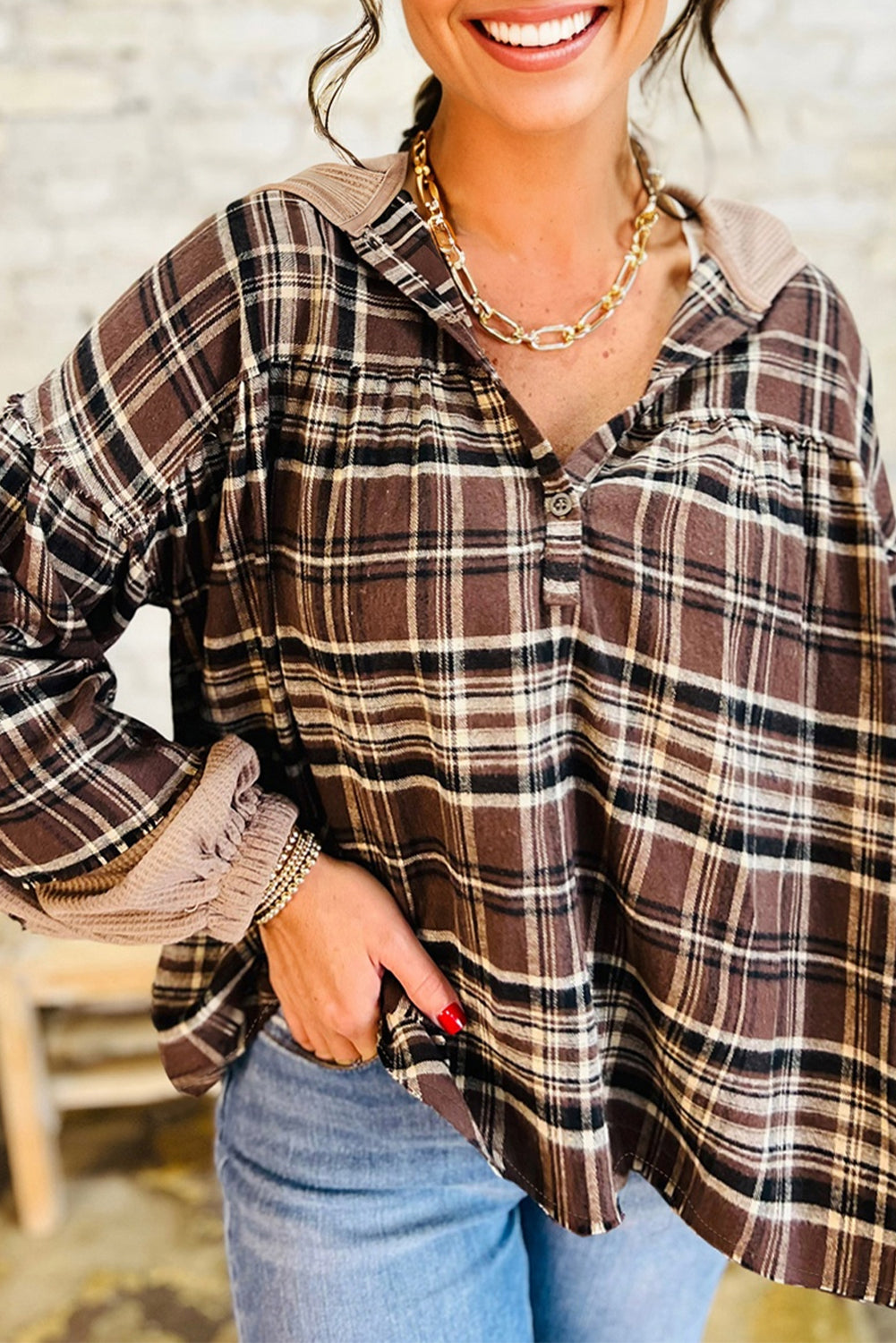 Plaid Quarter-Button Patchwork Long Sleeve Hooded Blouse