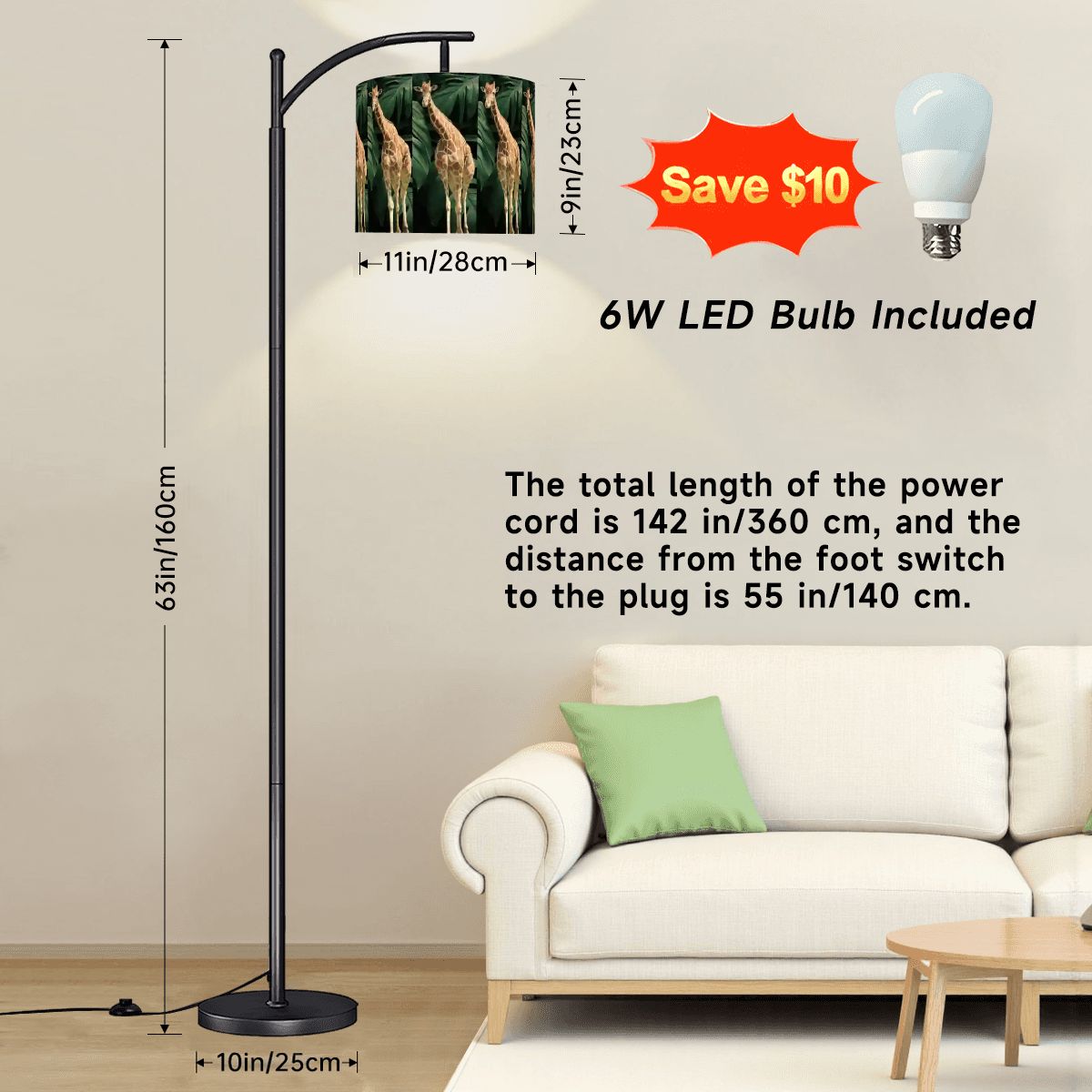 Tall Giraffe with Greenery Arc Floor Lamp with Shade (Made in USA)