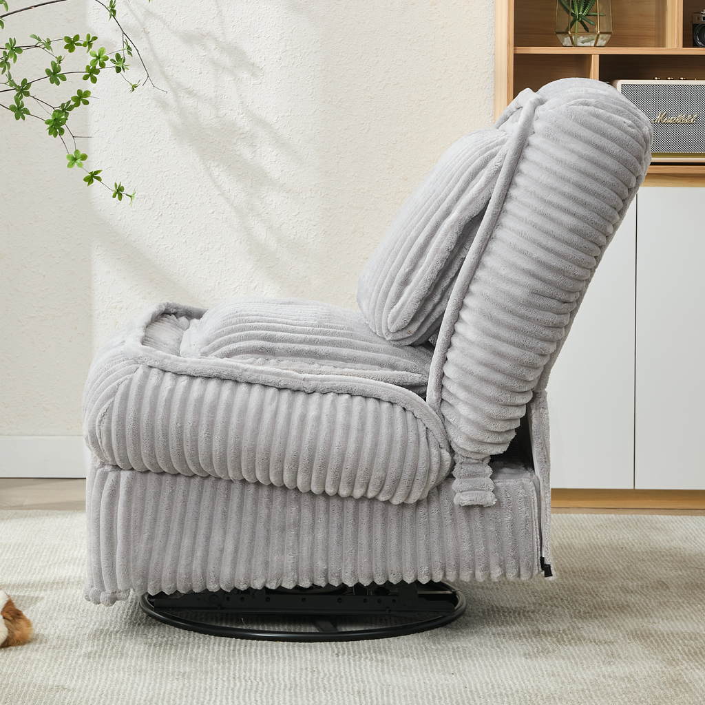 [NEW ARRIVED] 360° Swivel Rocking Single Sofa,Recliner Sofa, Manual Glider Rocking Armless Chair,Living Room Office, With Adjustable Backrest and Footrest and pillows, Small Spaces,Corduroy , Gray