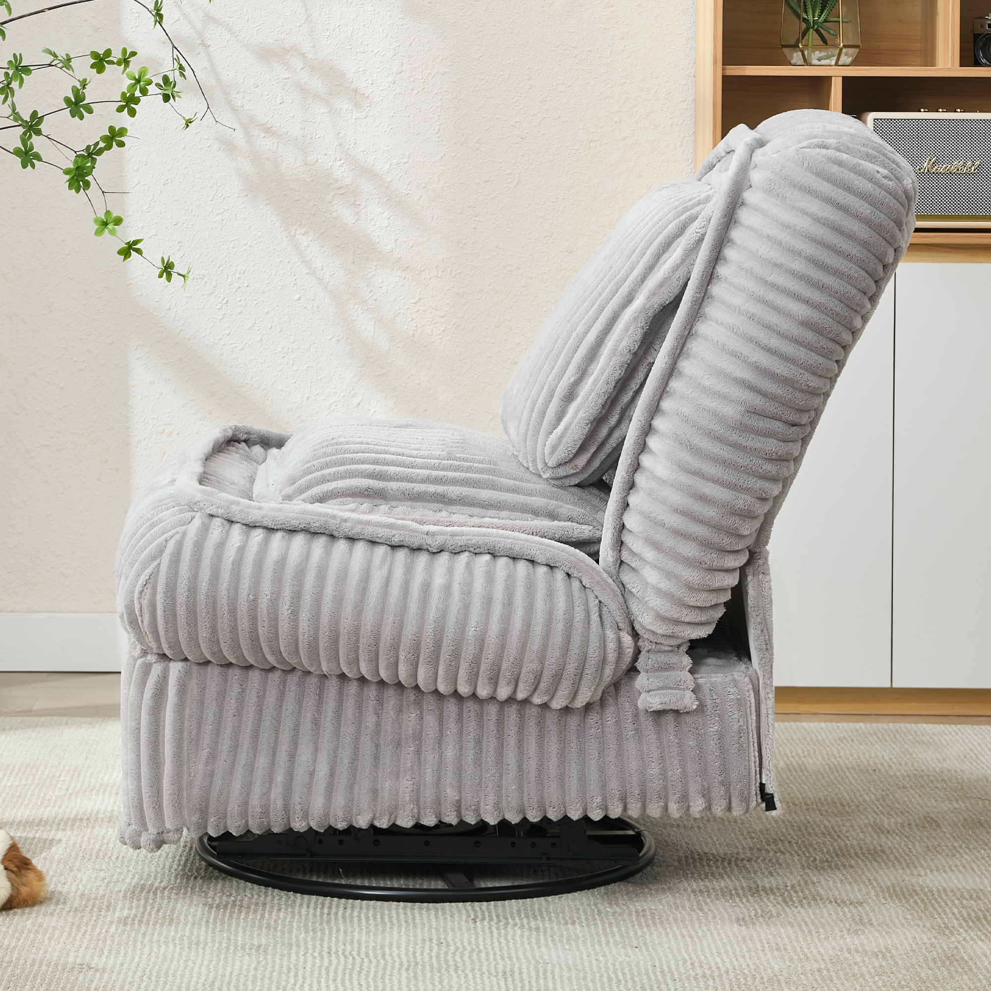 [NEW ARRIVED] 360° Swivel Rocking Single Sofa,Recliner Sofa, Manual Glider Rocking Armless Chair,Living Room Office, With Adjustable Backrest and Footrest and pillows, Small Spaces,Corduroy , Gray