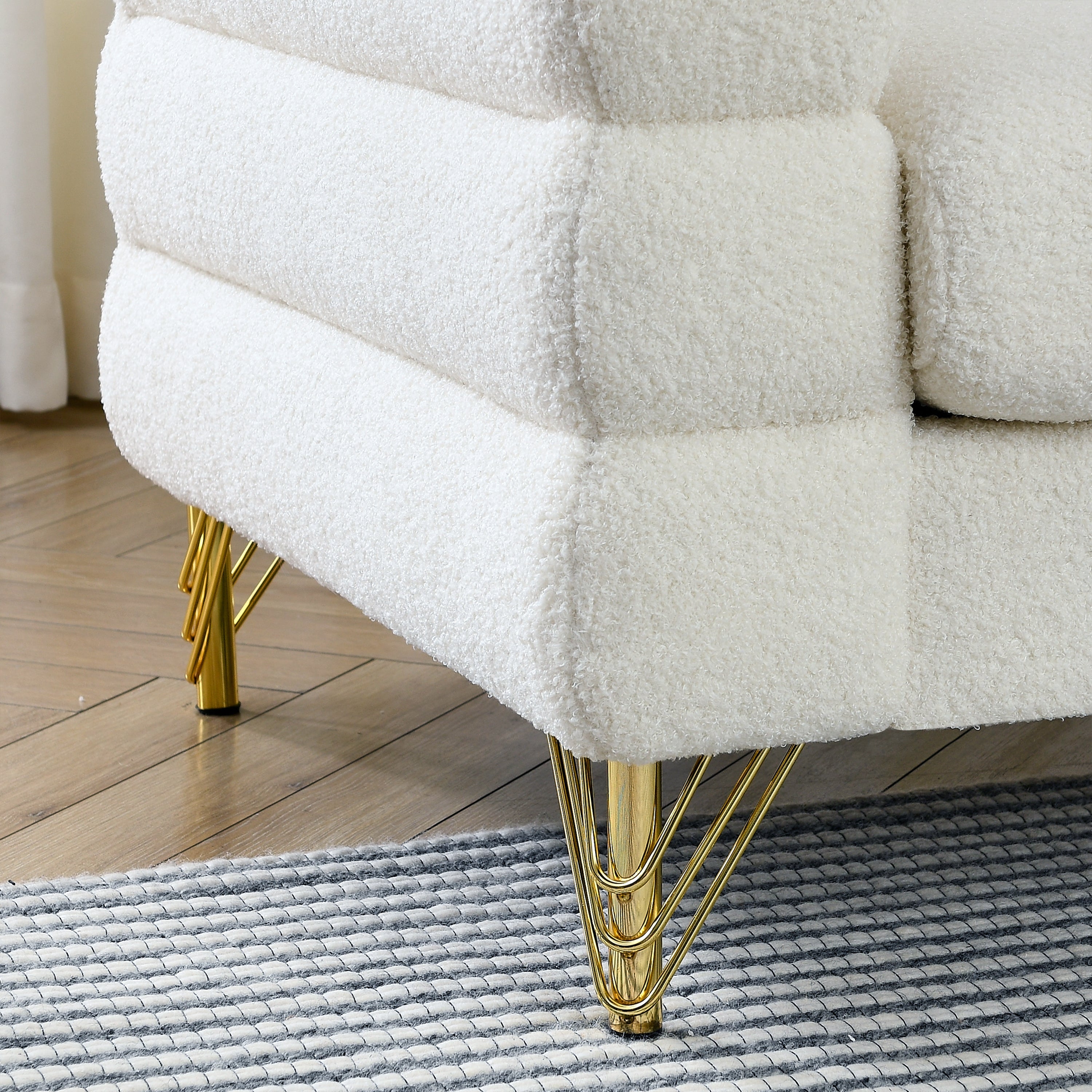60Inch Oversized 2 Seater Sectional Sofa, Living Room Comfort Fabric Sectional Sofa-Deep Seating Sectional Sofa, Soft Sitting with 2 Pillows for Living Room, Bedroom  White teddy(Ivory)(W834S00029)