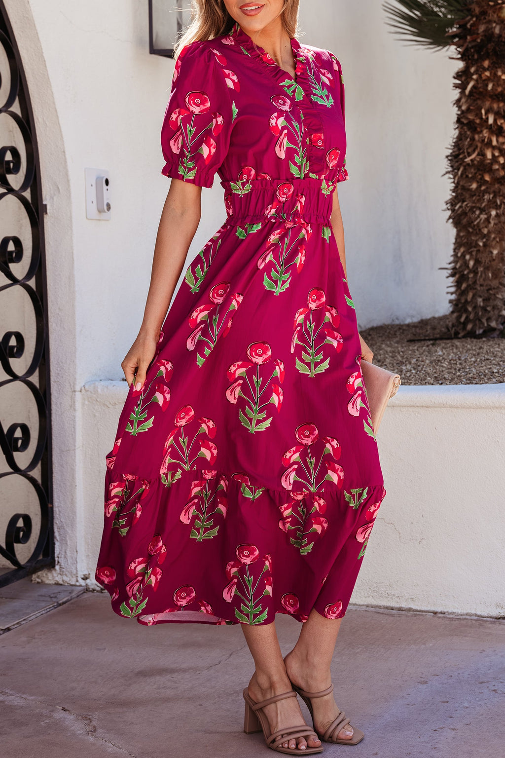 Floral Frilled V-Neck Ruffle Maxi Dress