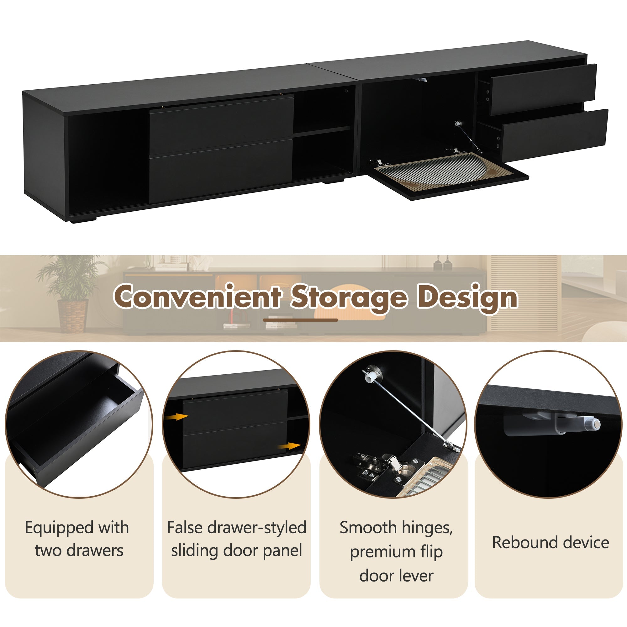 ON-TREND Modern TV Stand with Fluted Glass Door for TVs Up to 100', Media Console with Sliding Door & 2 Drawers, Free-Combination Entertainment Center with LED Light for Living Room, Bedroom, Black